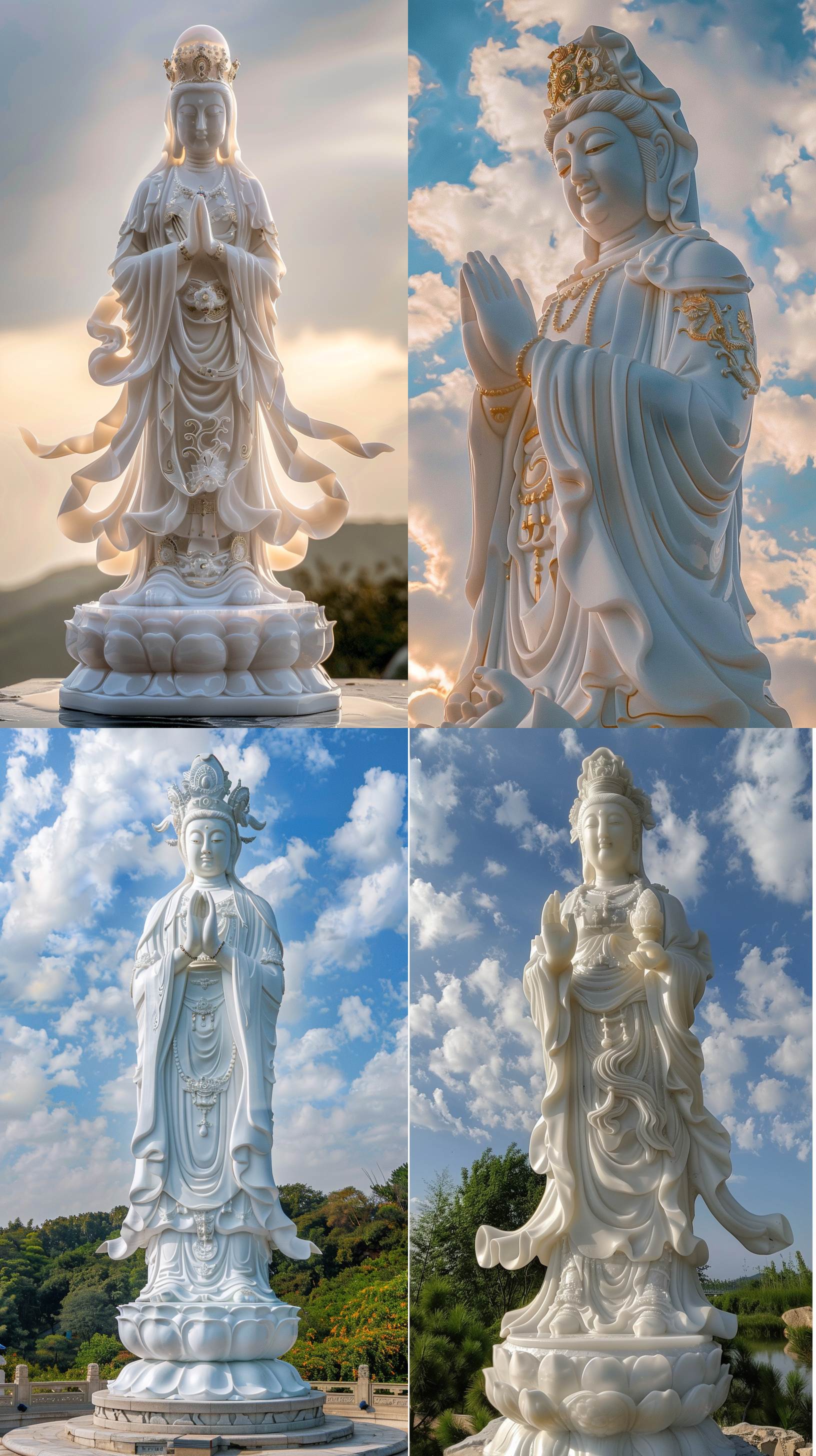 普陀山观音菩萨，汉白玉材质，细腻洁白，金色点缀，慈祥庄严，正面镜头，金光背景，细节丰富，肖像模式，高大伟岸，柔和侧光，静态，蓝天白云，庄严神圣，宁静。,