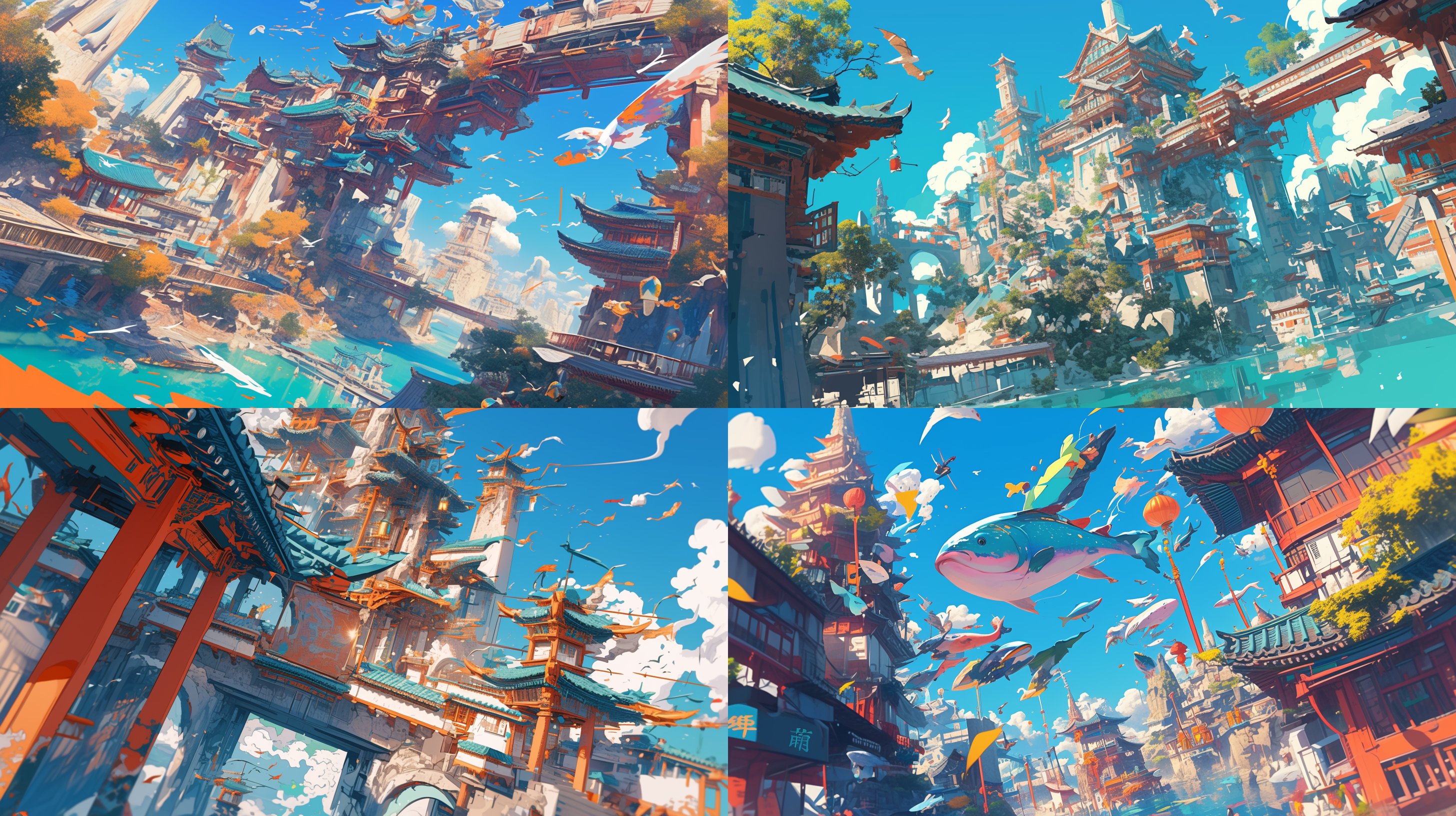 doodles of korean landmarks, colorful, weird, 8k, 3d