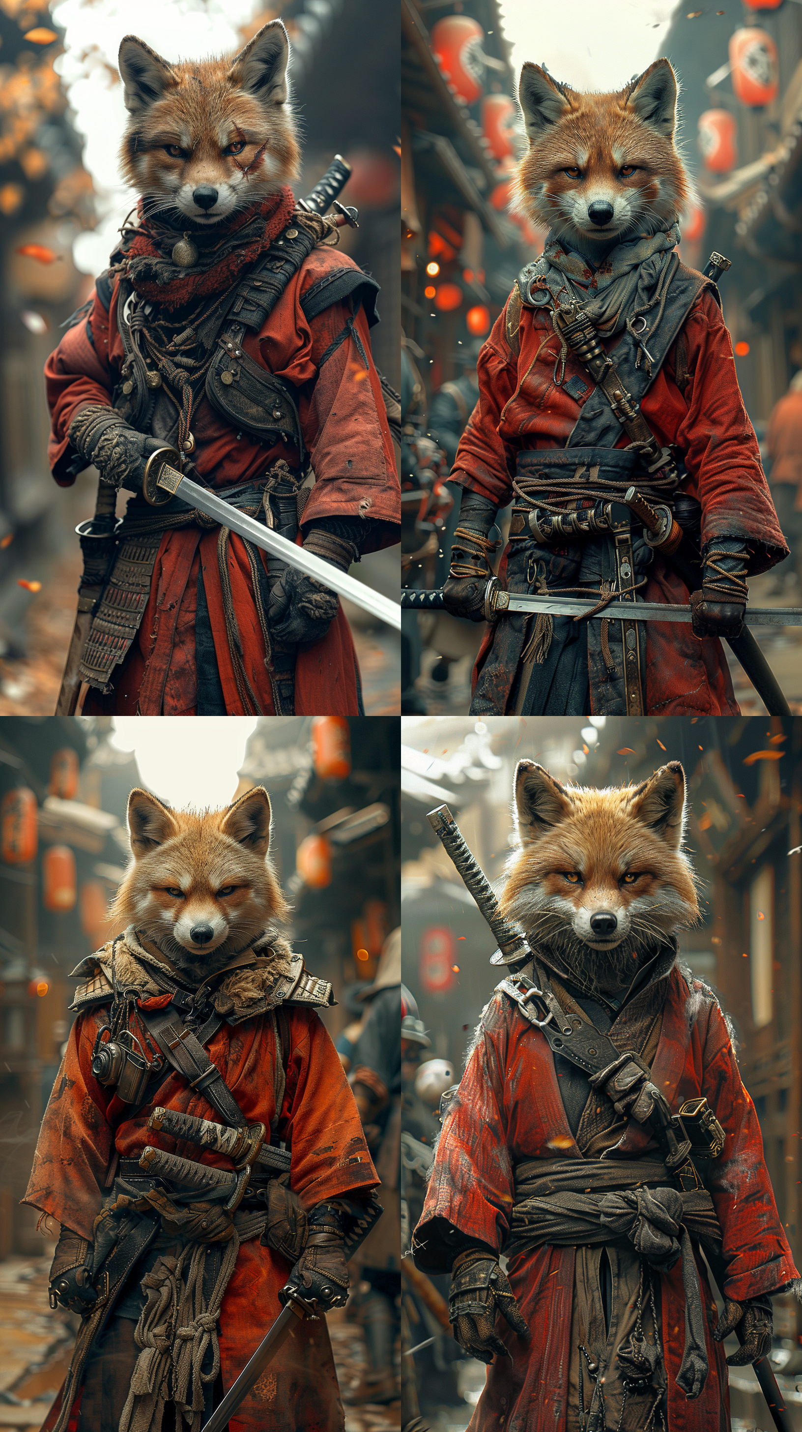 拟人柴犬剑客，古代街道，高角度视角，明亮色调，广角镜头，侧光，挥剑动作，紧张，自信。