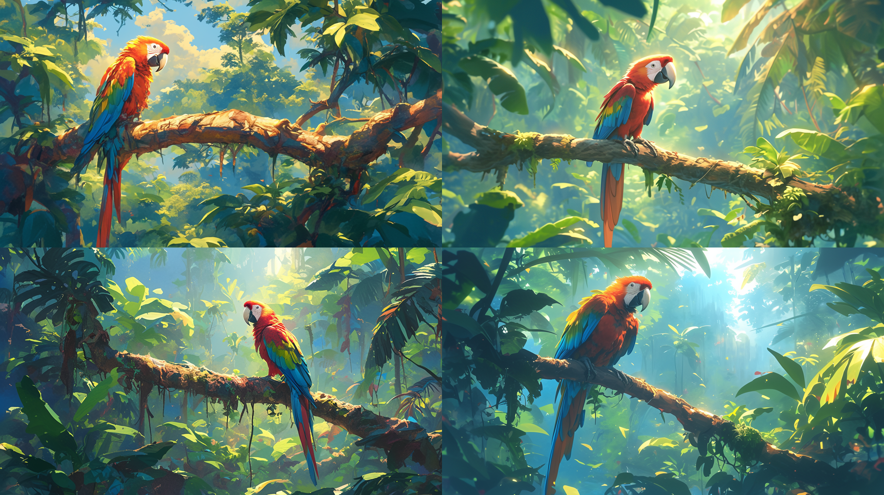 热带雨林中，一只五彩斑斓的鹦鹉站在树枝上，羽毛绚丽夺目。树木茂密，阳光透过叶片洒落在鸟儿身上，呈现出迷人的光影效果。绿色植被环绕，气氛清新自然。 鹦鹉，色彩斑斓，树林背景，阳光穿透，自然环境，长焦镜头，明亮色调，展翅飞翔，活力。