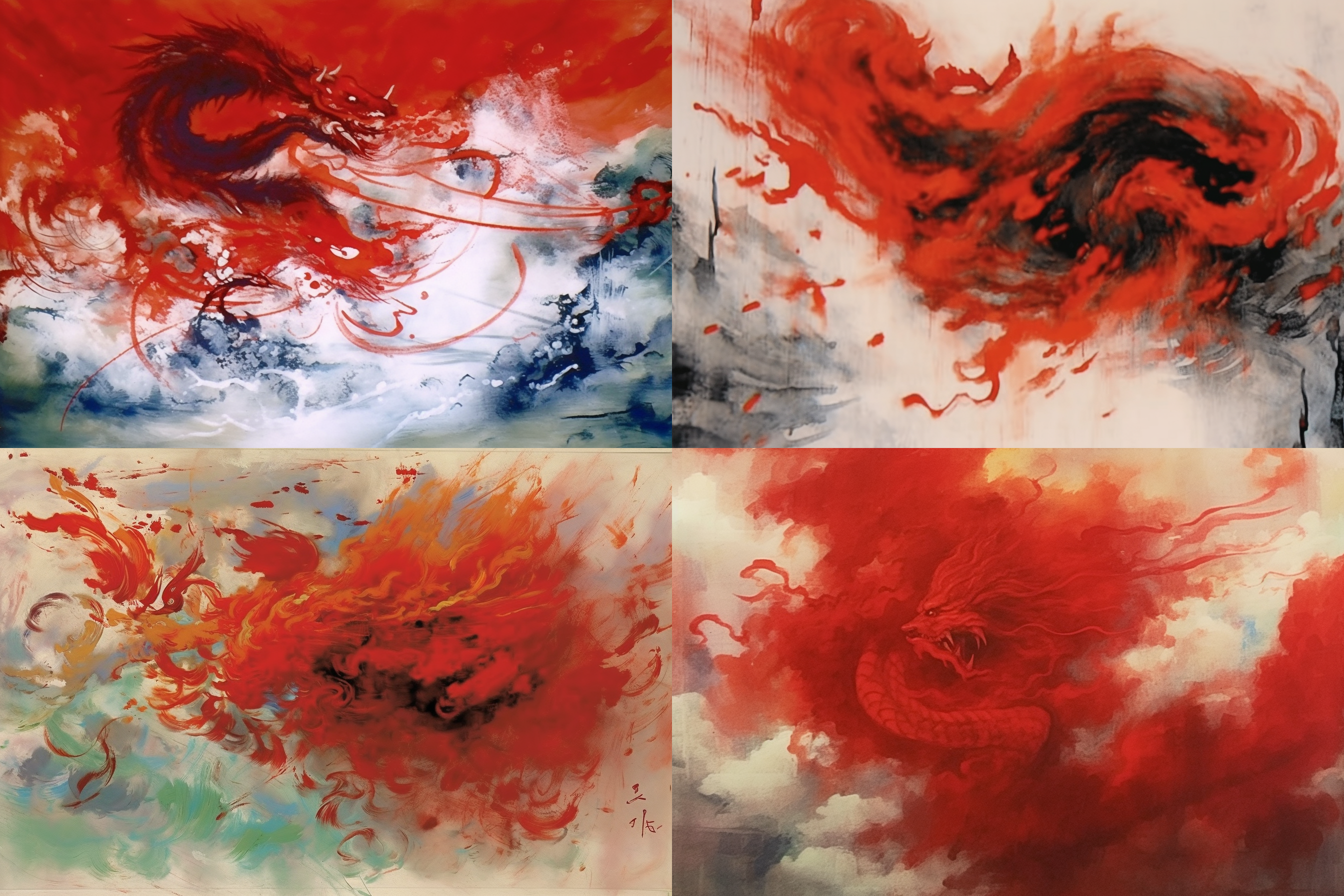 张大千艺术风格，一条红色的龙隐现在云雾之中，泼彩，中国水墨，抽象，红色