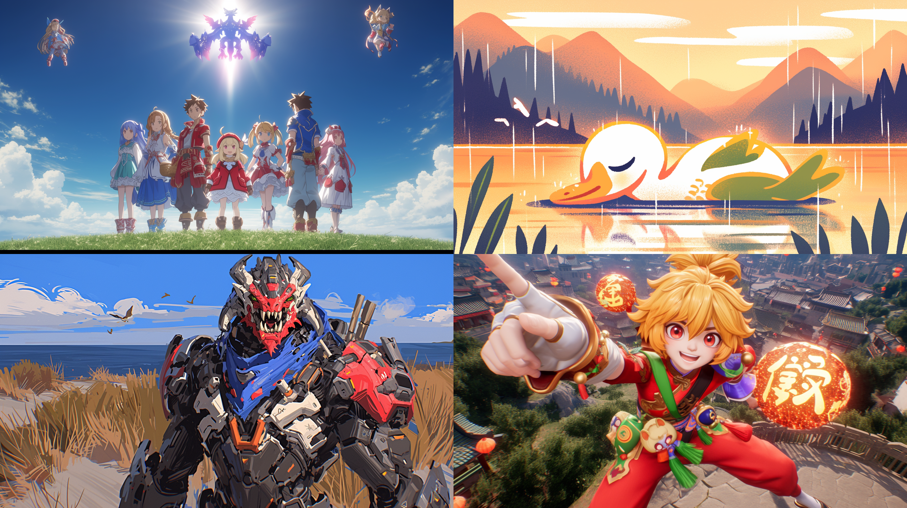 龙形船头尾，停泊河面，绿色草地，小雨天空，两只飞鸟，红色船体，航拍视角，柔和光线，动感色彩，和谐情绪。 河流 远景透视 白绿 自然绿 艳柠檬绿 红 枫叶红 柠檬黄 木纹 明亮的 阳光照射 龙舟 竹子