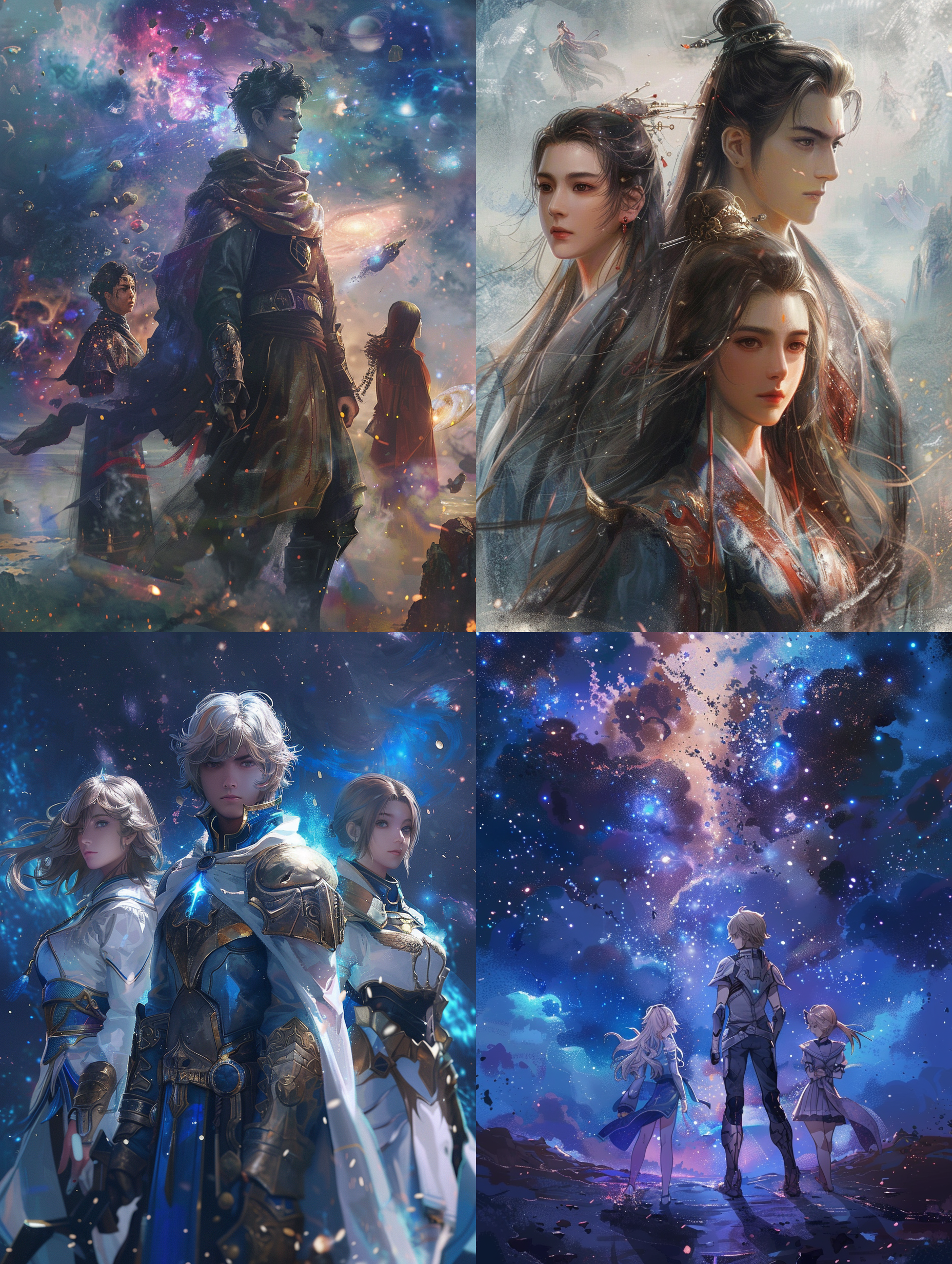 在无垠的宇宙之中，星门如灯塔闪耀，指引未知的航道。年轻男子，主角，青年英姿，目光如炬，身旁艾琳，智慧之光环绕，漂亮，身材苗条，坚定前行。第三位伙伴，中年女子，优雅大方，补天裂地之姿，与星辰共鸣。他们并肩站立，前方是开启的星门前，请每一个灵魂，共赴星际穹顶之光。未知的力量在他们心中回响，是呼唤，是挑战，亦是未来无限的可能。真实感，漫画效果，8k，全景视角，脚部以上，国风，机甲武装