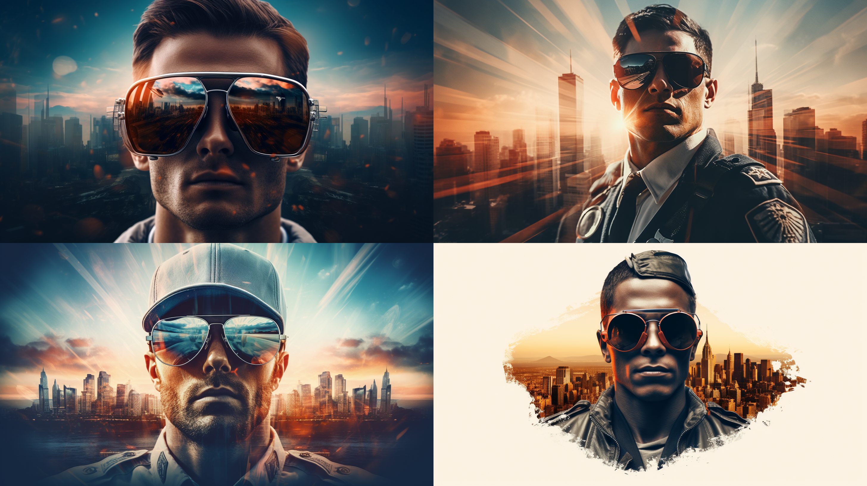 双重曝光飞行员与城市，飞行员佩戴飞行员眼镜，城市天际线与飞机机翼。令人惊叹的肖像，航空色调，高分辨率，3:4宽高比，6.0版本。