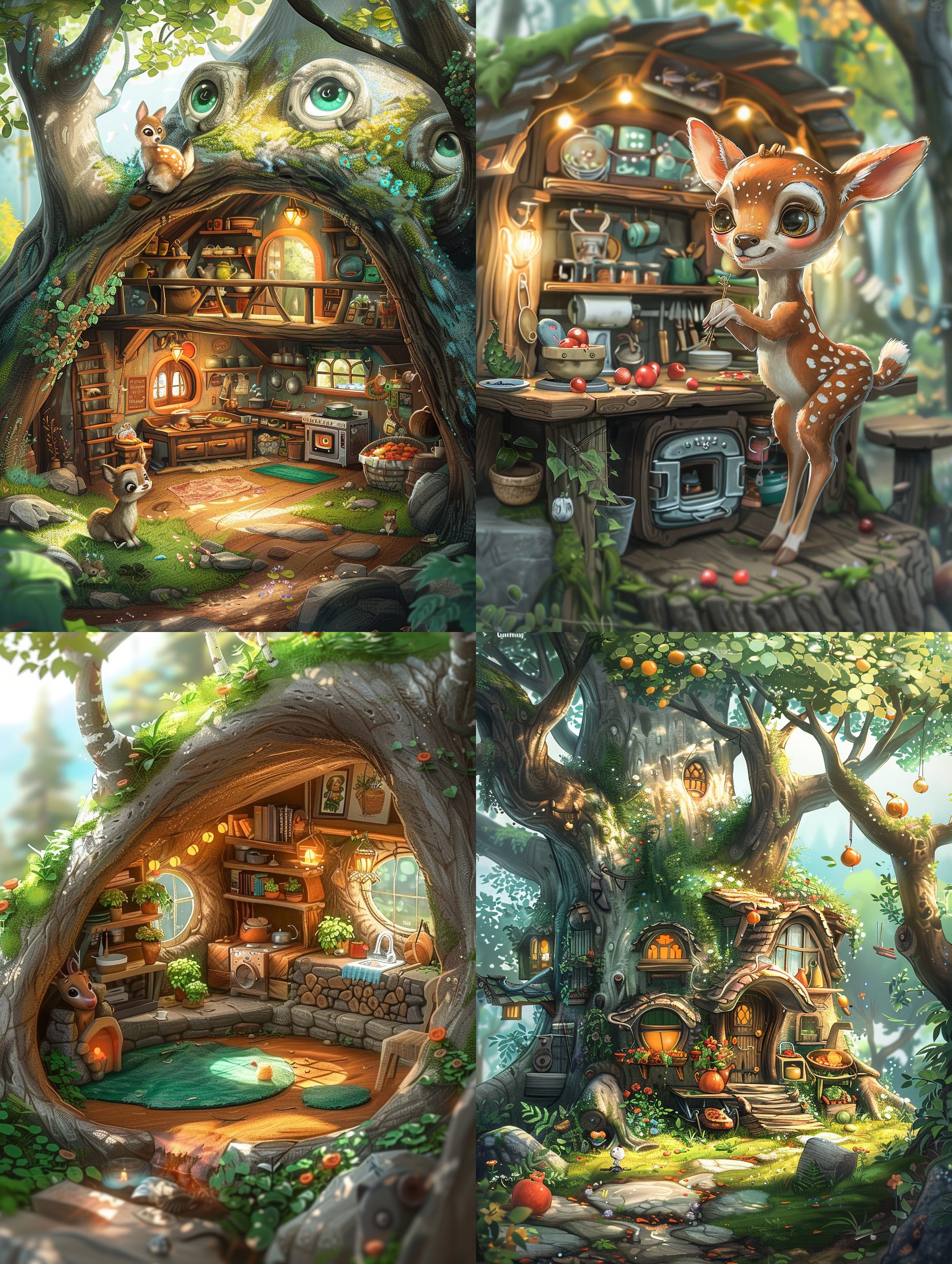 在梦幻森林的深处，有一只名叫露露的小鹿，它建造了一个非常特别的家。这个家由自然素材精心打造，融入了周围环境中，一共有五个功能各异的房间。厨房装备齐全，露露用树干雕刻而成的厨柜里摆满了各种各样的野果和干草。一个用石头砌成的小灶台上，摆放着用泥塑成的锅和碗，这里是露露准备美味佳肴的地方。根据描述画一张小鹿厨房的图片。 动画艺术 柔光