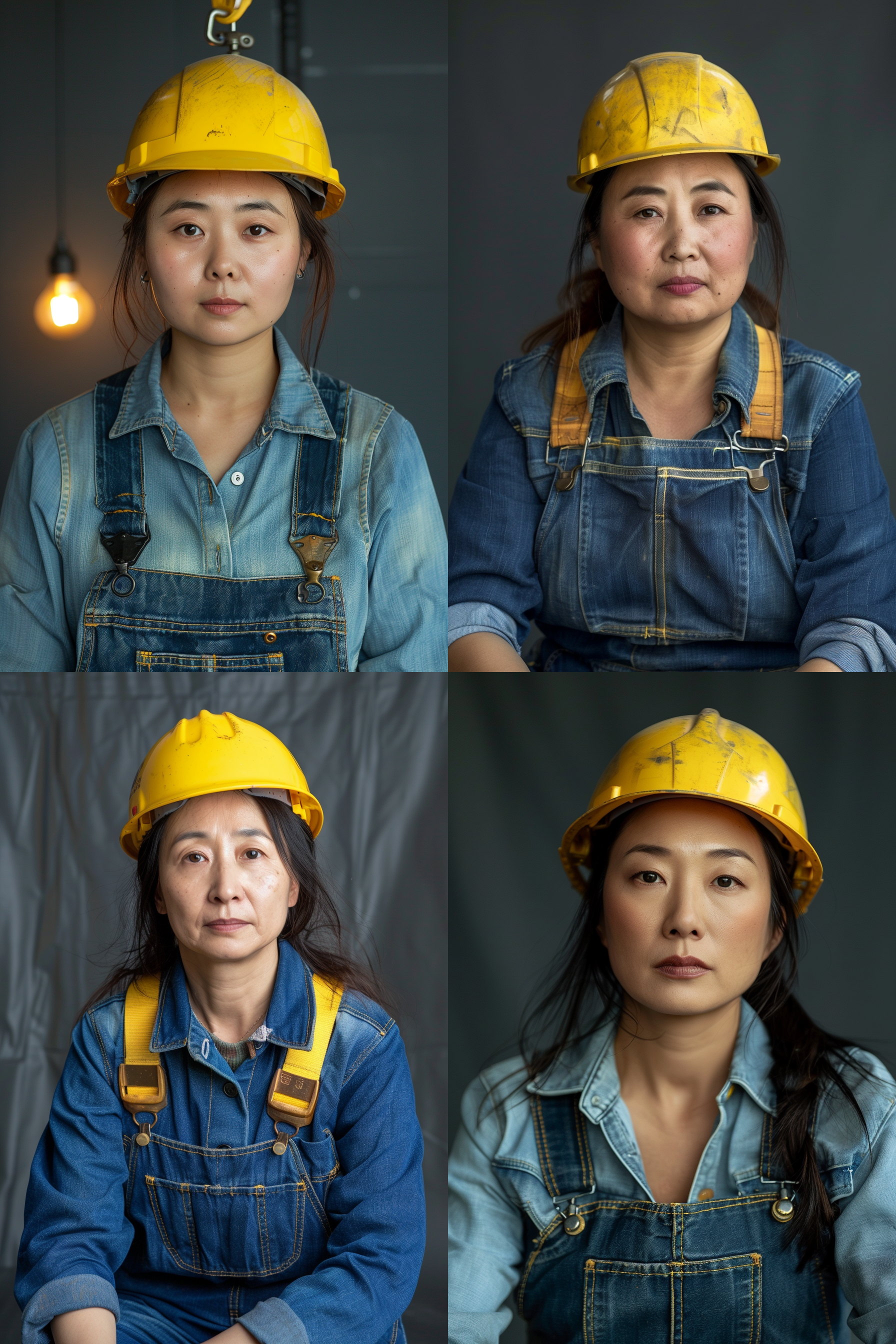 一位胖乎乎的中国女人的美术摄影，穿着蓝色牛仔裤工作服和黄色安全帽坐着，肖像，深灰色背景，多种柔和的灯光，特写，放大