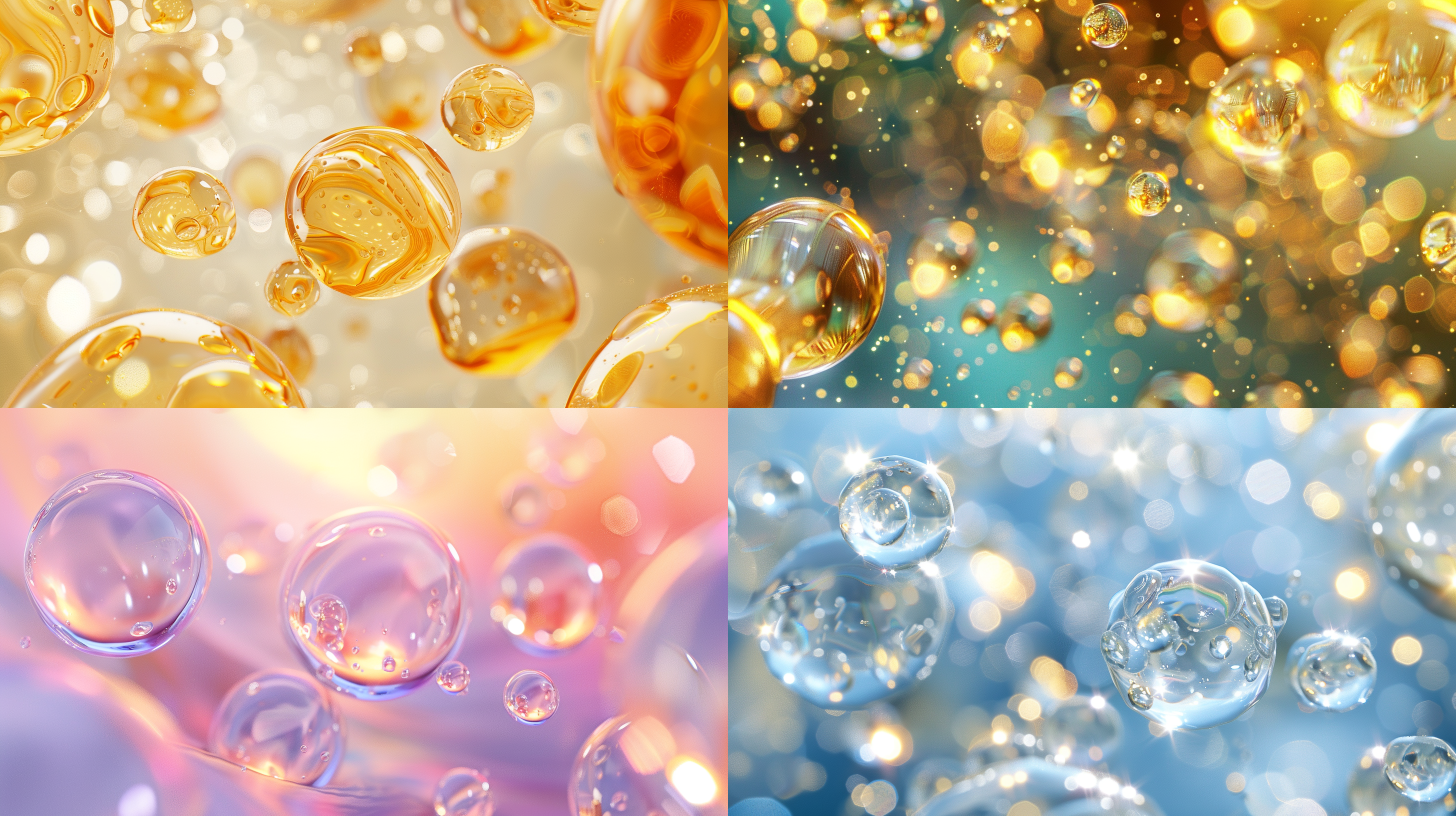 透明细胞精华，透明的::1,油泡拉丝背景，辉光，光斑，粒子光效，漂浮在浅金色背景上，32k，逼真超细渲染，创新页面设计，精致材料，c4d，oc渲染，无人