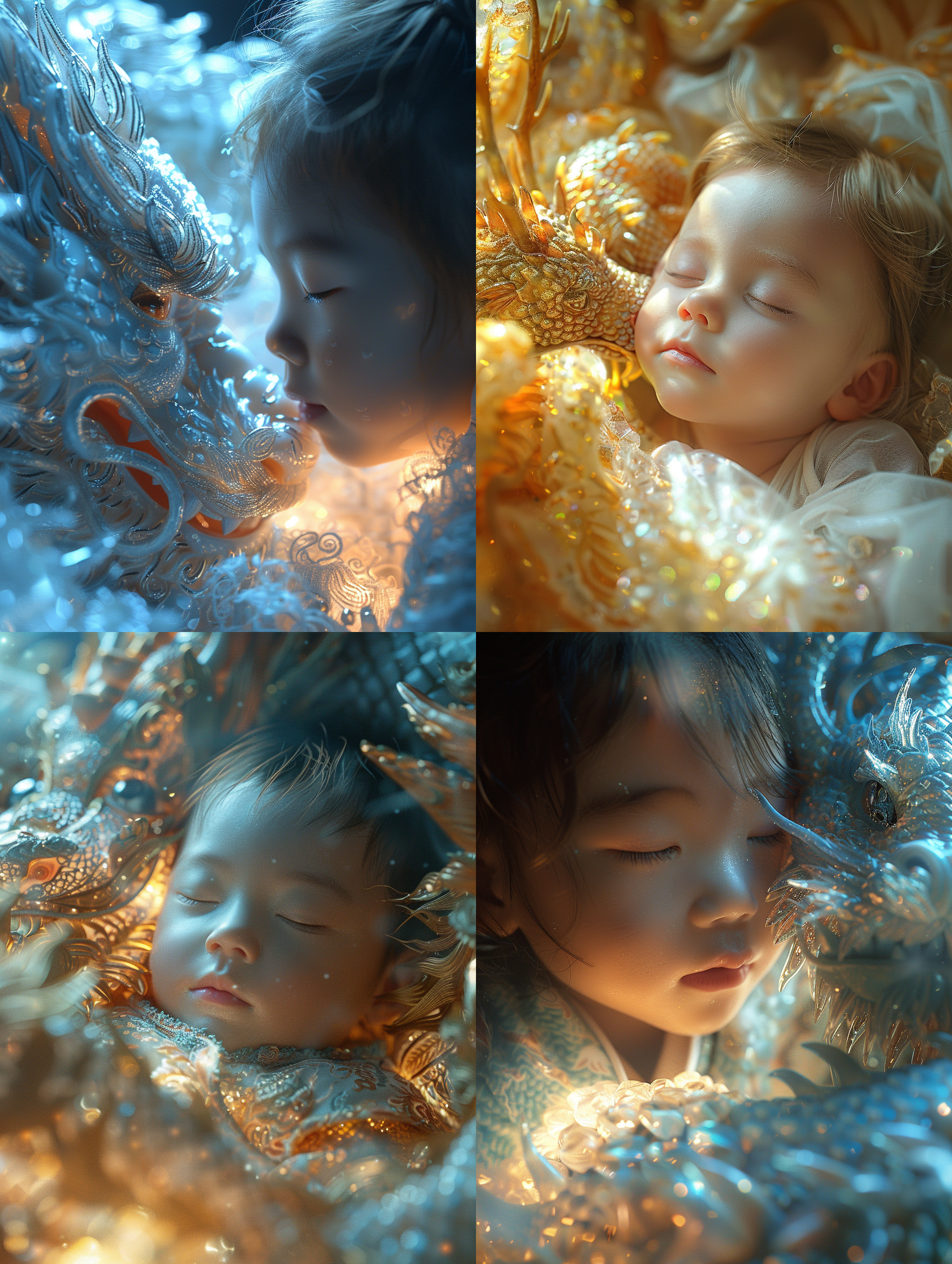 2024龙年中国新生婴儿，熟睡在迷幻的水晶摇篮中，梦见了巨龙正在空中俯视着他，柔和的光线照在婴儿肥嫩的脸庞上，反射着梦幻的辉光，光线明亮，色彩鲜明，艺术作品，摄影，中景照，复杂细节，高质量，逼真，8k，16k
