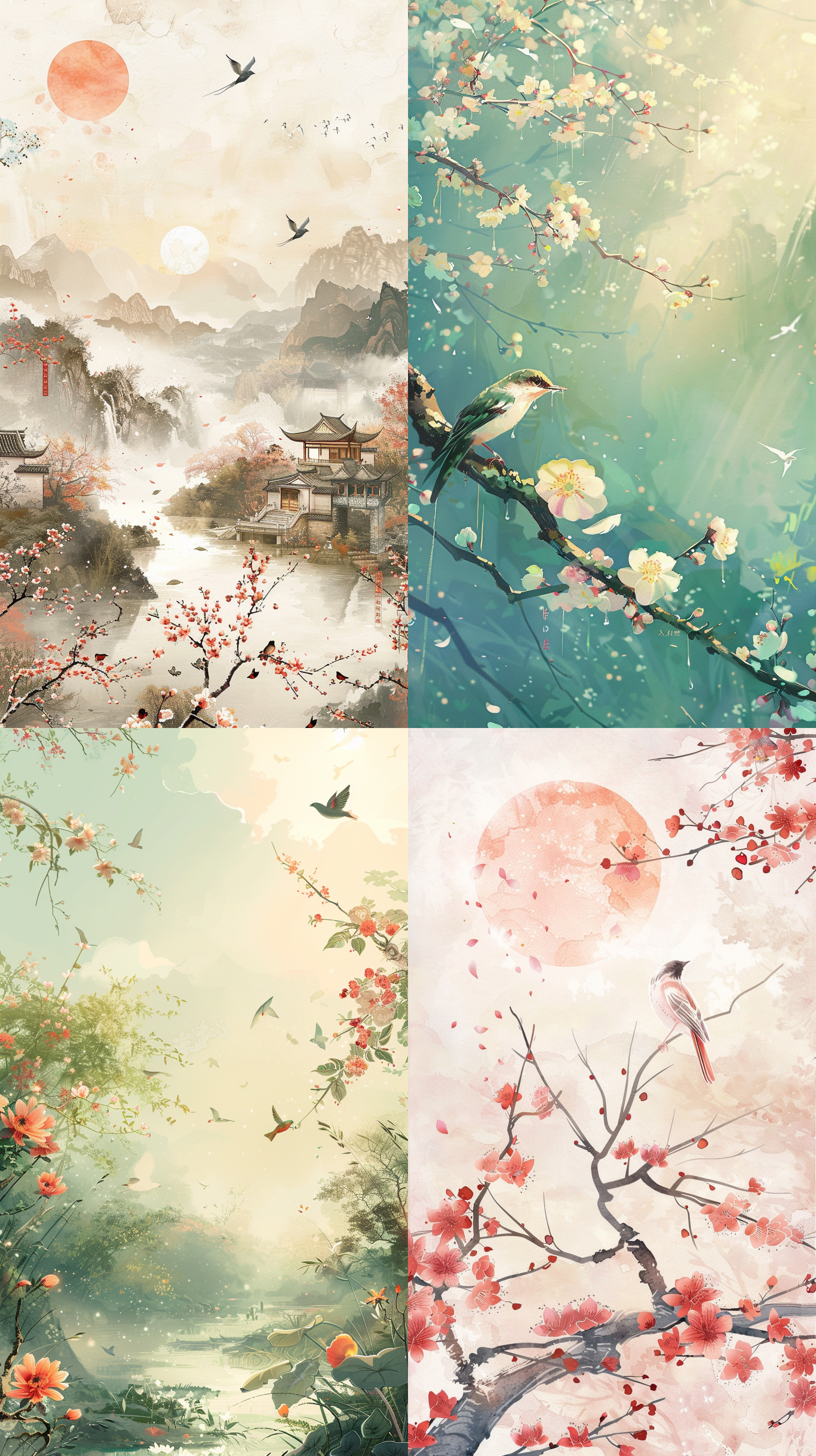 春雨细雨，新中式国潮风格，清明节海报，山水画背景，花鸟图案，和煦光线，柔和色调，富有诗意，中国风情，春光明媚，唯美。