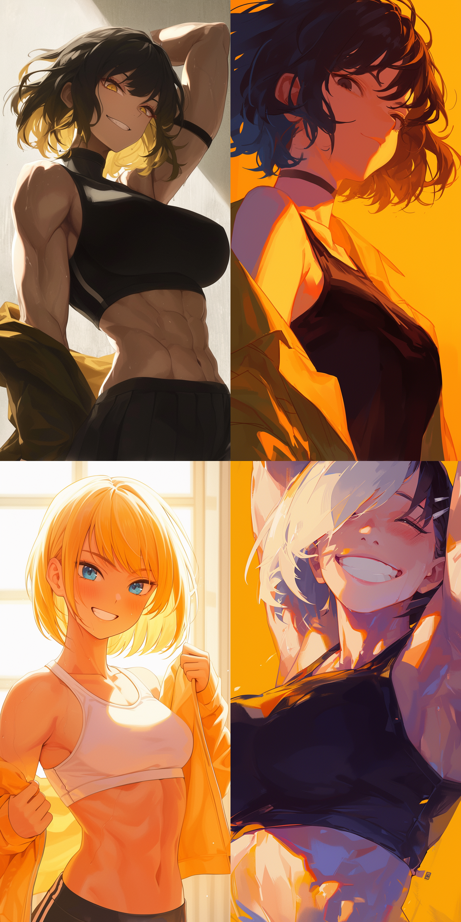 二次元女孩，俏皮笑容，黑黄渐变发色，短发，肌肉线条，活力，清晰轮廓，明亮色彩，高度渲染，4k，倾斜视角，鲜艳色彩，高锐利度，动画艺术，校园。 太阳光