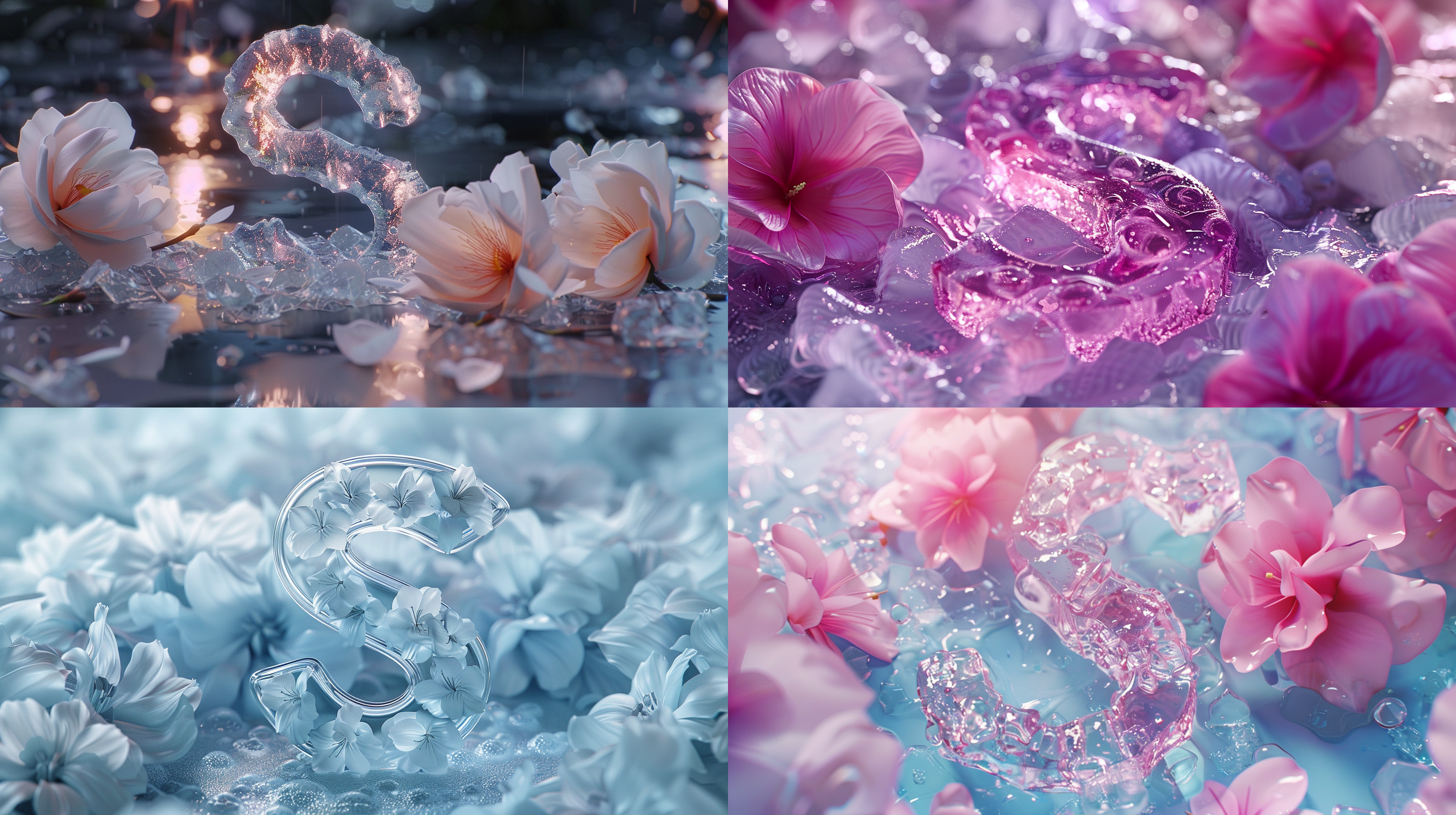 3d渲染，4k高清,花瓣围绕艺术字“s” 冰