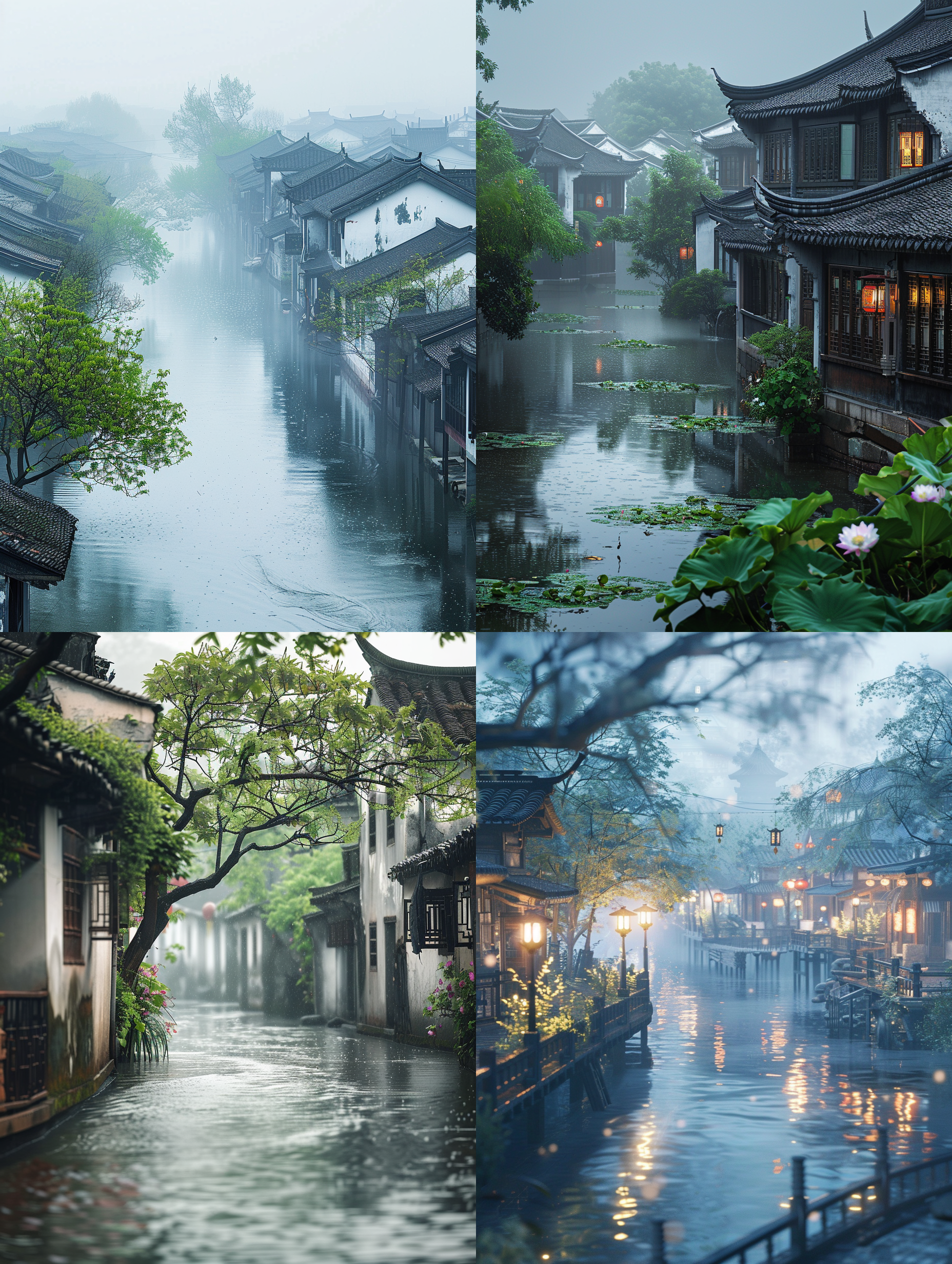 江南水乡，植物发芽，清明节，中国风，16k，山水画，烟雨氤氲，细雨蒙蒙，柔和色调，水墨般的意境。, 江南风光, 春雨, 水墨画风, 细雨纷飞, 自然元素, 和谐色彩, 意境深远, 静谧情感。