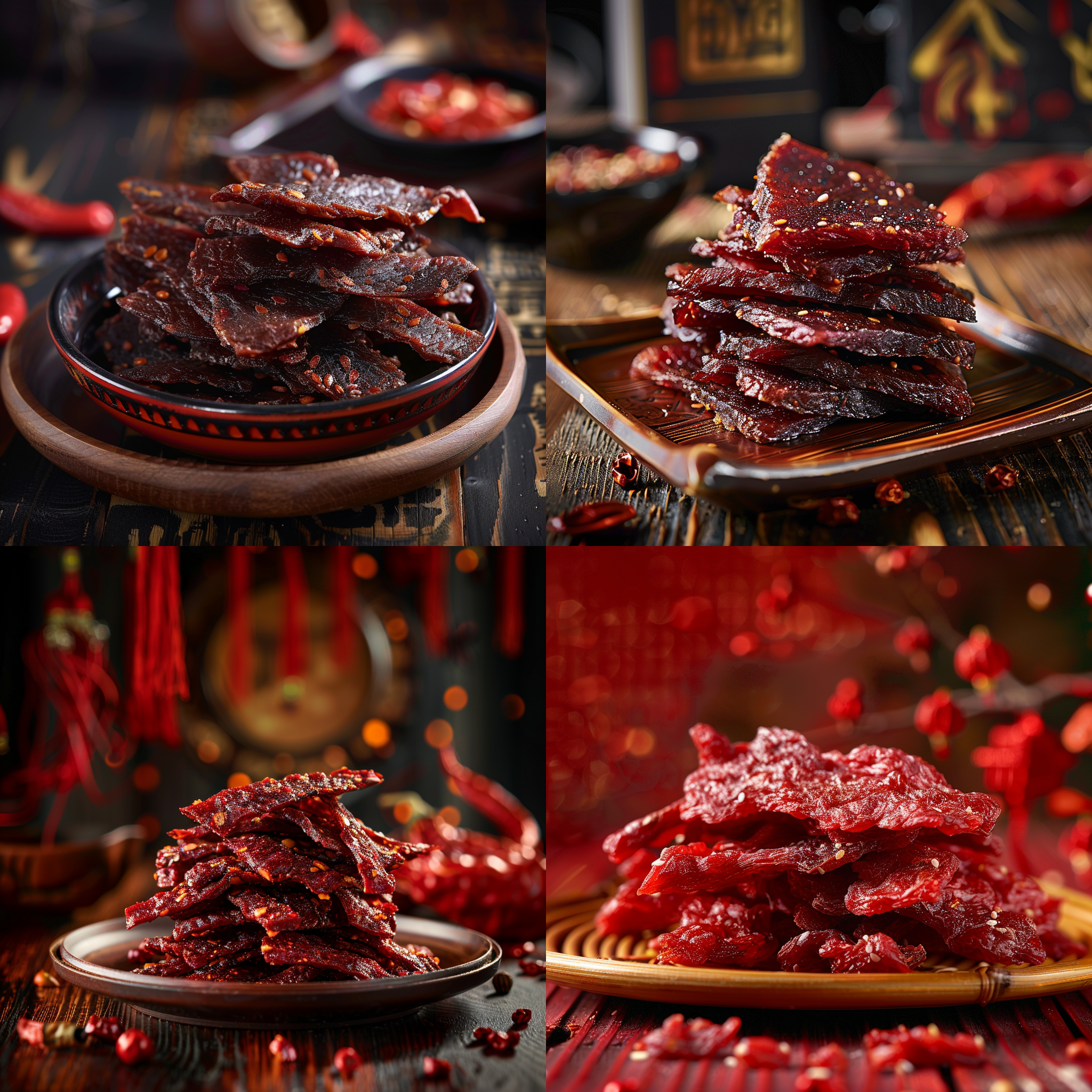 牛肉干，中国风布景，高明度，长焦镜头，红色元素，立体感，商品展示，清晰细节，温馨，传统情感
