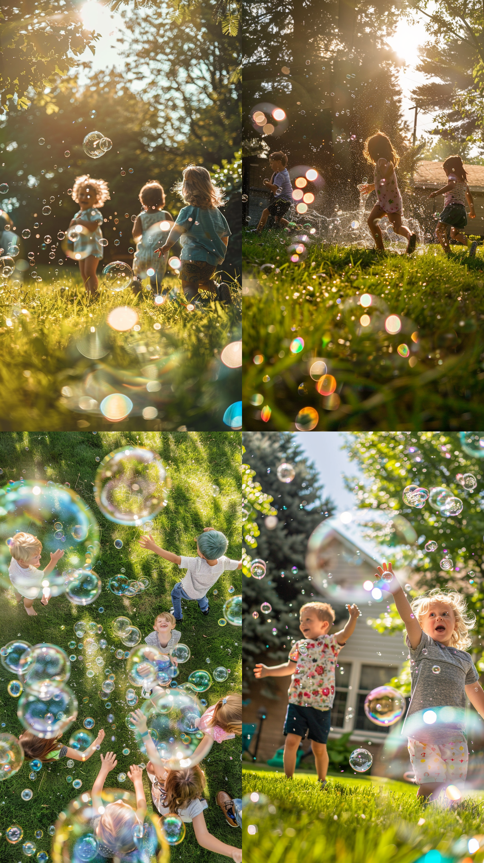 泡泡机在草坪上，孩子们围绕着玩耍，欢乐的表情，自然光，广角镜头，活泼，明亮色彩，童趣。