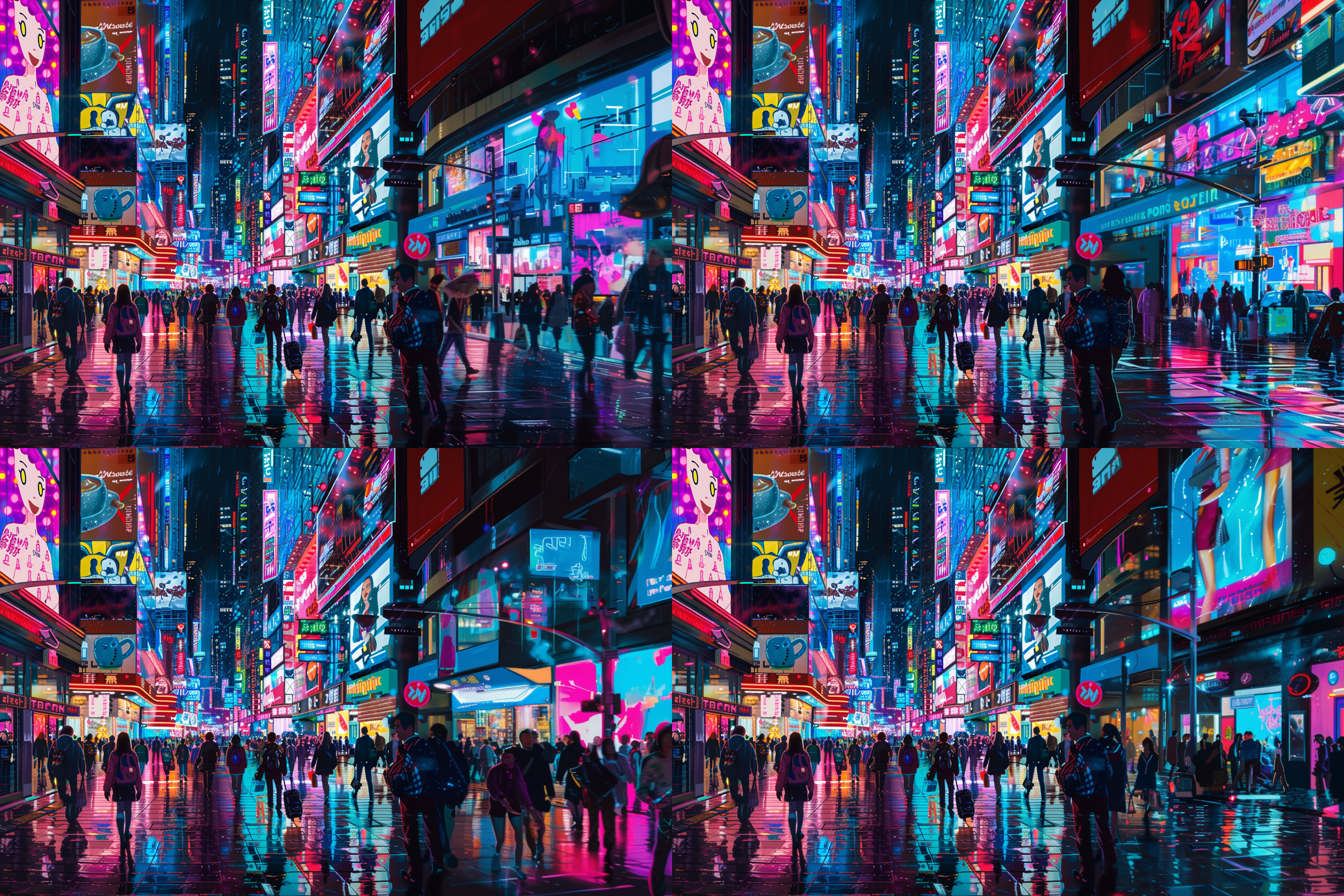 网红产品一条街，繁华夜景，霓虹灯璀璨，人群熙攘，现代时尚，多彩色调，广角镜头，拥挤，欢快，光影交错。