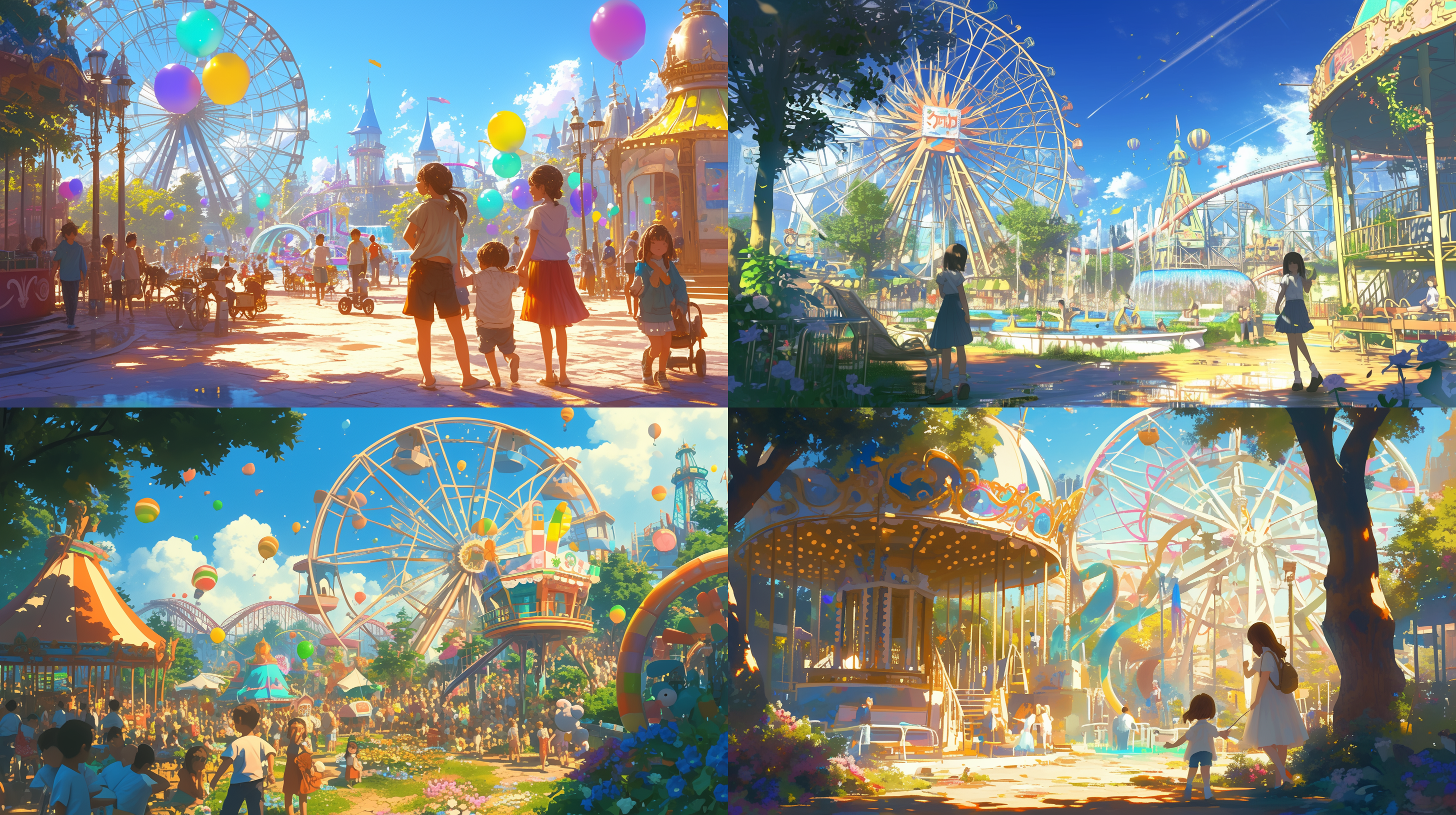 逆光下的大型无动力乐园，孩子在摩天轮前，广场上水乐园，迪士尼风格，色彩丰富，快门速度慢，欢乐，兴奋，童真，夏日。