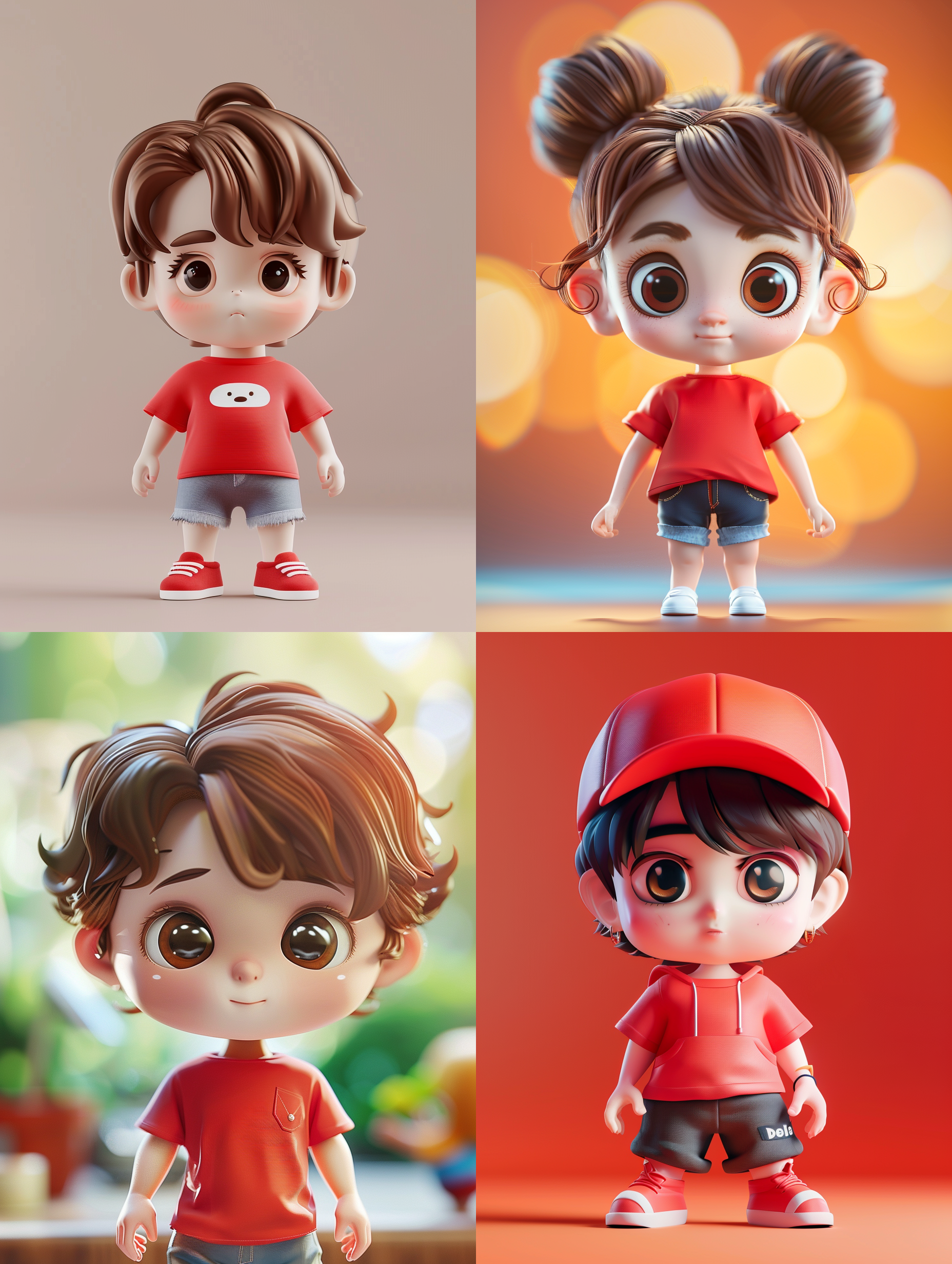 可爱婴儿盲盒表情，棕发棕眼，红t恤，pop mart设计，chibi风格，简约背景，生动色彩，工作室灯光，精致纹理，高细节，高分辨率，c4d，全身，大气光影。