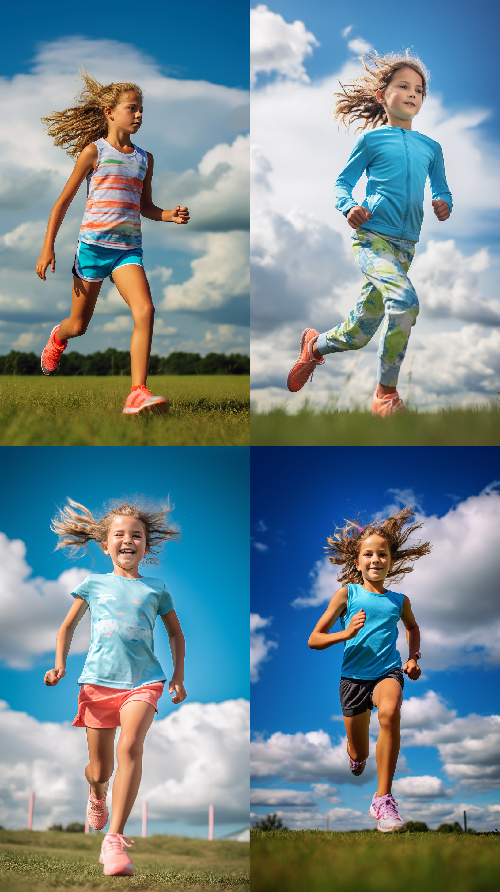 小女孩穿着运动服，站在草地上，背景是蓝天白云。逆光拍摄，色彩鲜艳，表情阳光灿烂，充满活力。户外拍摄，中焦镜头，自然光，奔跑，快门较慢，欢乐，活泼。