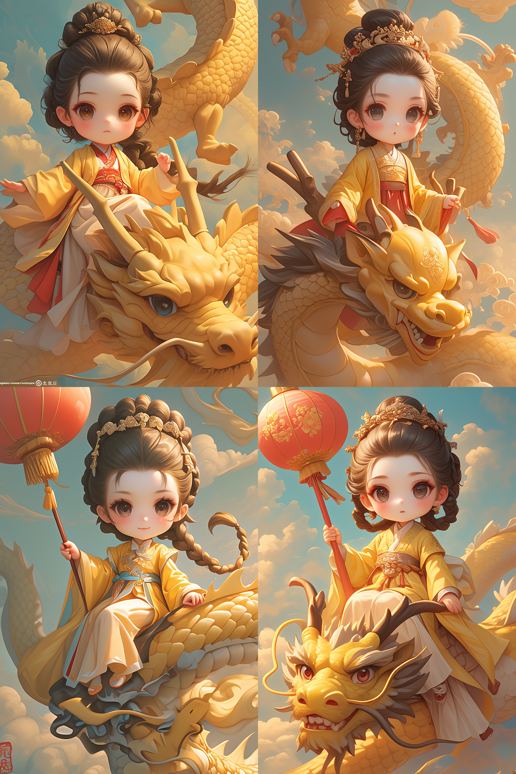 骑着中国龙的可爱女孩，开心，萌，阳光，人的表情细腻，龙的表情自然