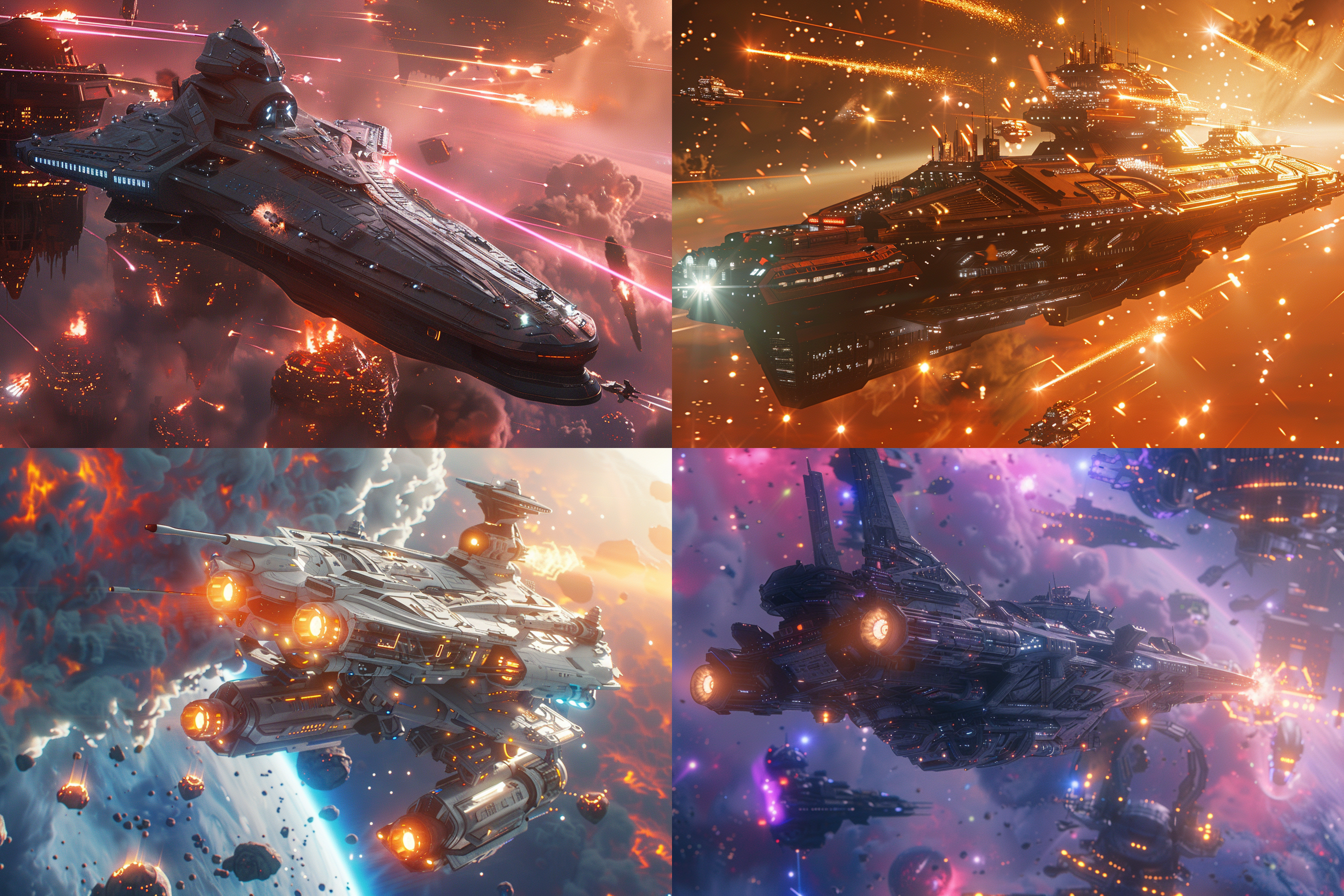 a breathtaking panoramic view of a futuristic terran battlecruiser hovering above a starcraft base on a distant galaxy. the scene is filled with intense combat action as laser gun turrets fire with precision, creating a dazzling display of light and energy. each detail is captured with extreme attention, resulting in an extremely detailed cg image that would make an impressive 8k unity wallpaper. the hyperdetailed design of the battlecruiser showcases its intricate and refined structure, with every panel and rivet contributing to its formidable appearance. the highres image is further enhanced by a cyber screen frame that emphasizes the absurd level of detail and delicate craftsmanship. cinematic lighting illuminates the scene with strong rim light and brighter colours that add depth and contrast, while the depth of field technique draws the viewer into the immersive environment of this interstellar conflict