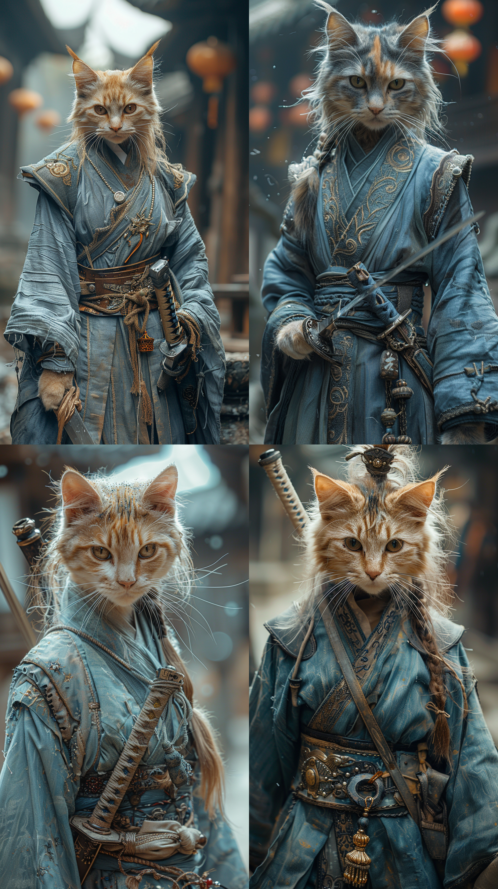 拟人橘猫，蓝色汉服，中国古代，女侠客，女性特征，背着一把剑，庭院，石桌，氛围，传统，中国风，汉服，剑客，静谧，优雅，神秘，蓝色调。,中国风,庭院,汉服,剑客,静谧,神秘,氛围,优雅,蓝色调,女性特征,石桌,拟人,橘猫,剑,古代