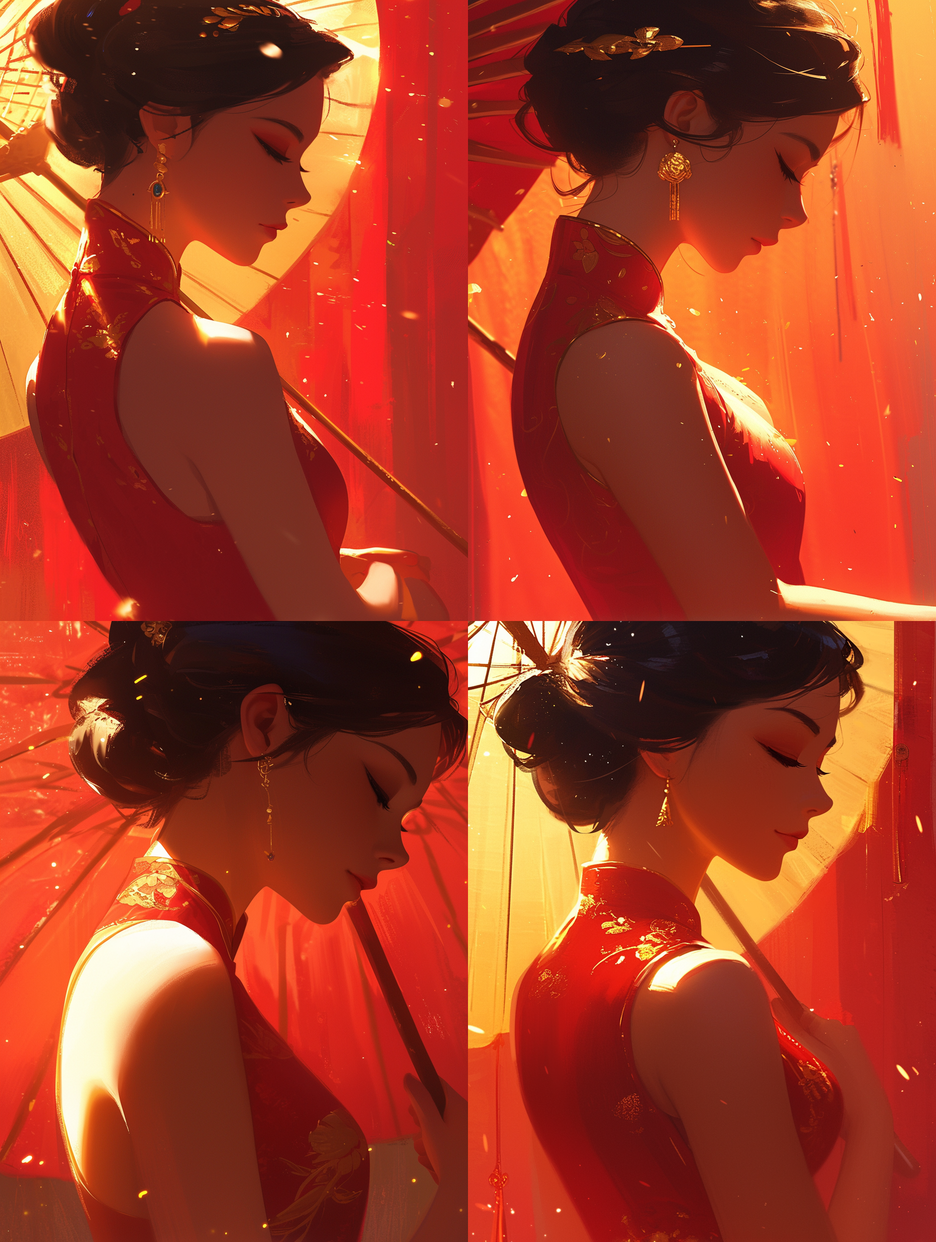 中国女性面部肖像，梦幻插画，红色调，柔和光线，细节丰富，优雅姿态，动态插画，大胆阴影，视觉冲击力，绚丽色彩，梦幻氛围。