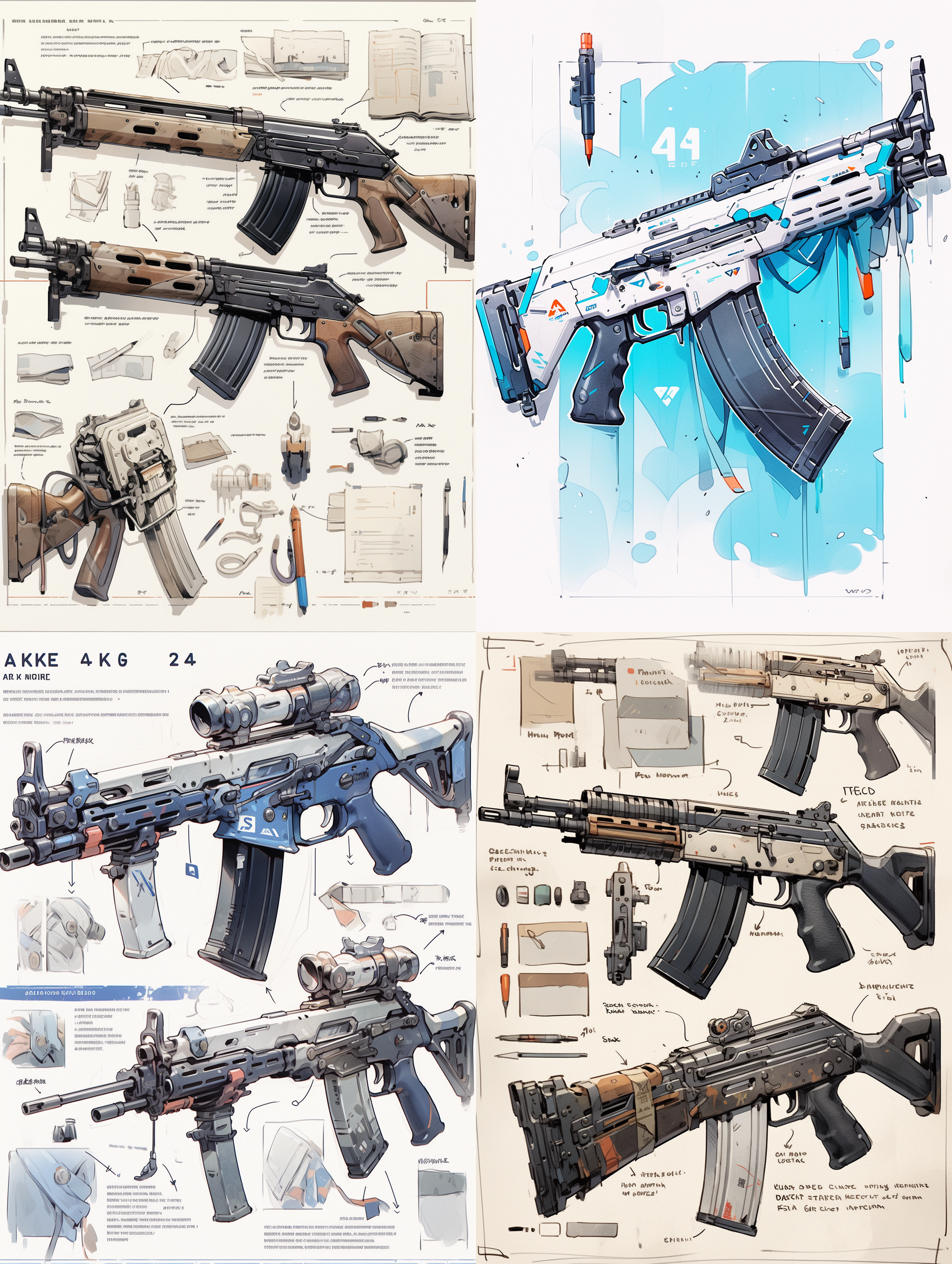 ak47, high-tech, super tough, straight line and broken line design, scope, futuristic, hand-drawn sketch, hand-book sketch, rough style, simple watercolor, marker pen coloring, decomposition instructions, handwritten text instructions, paper texture, paper grain, 8k, sense of detail,