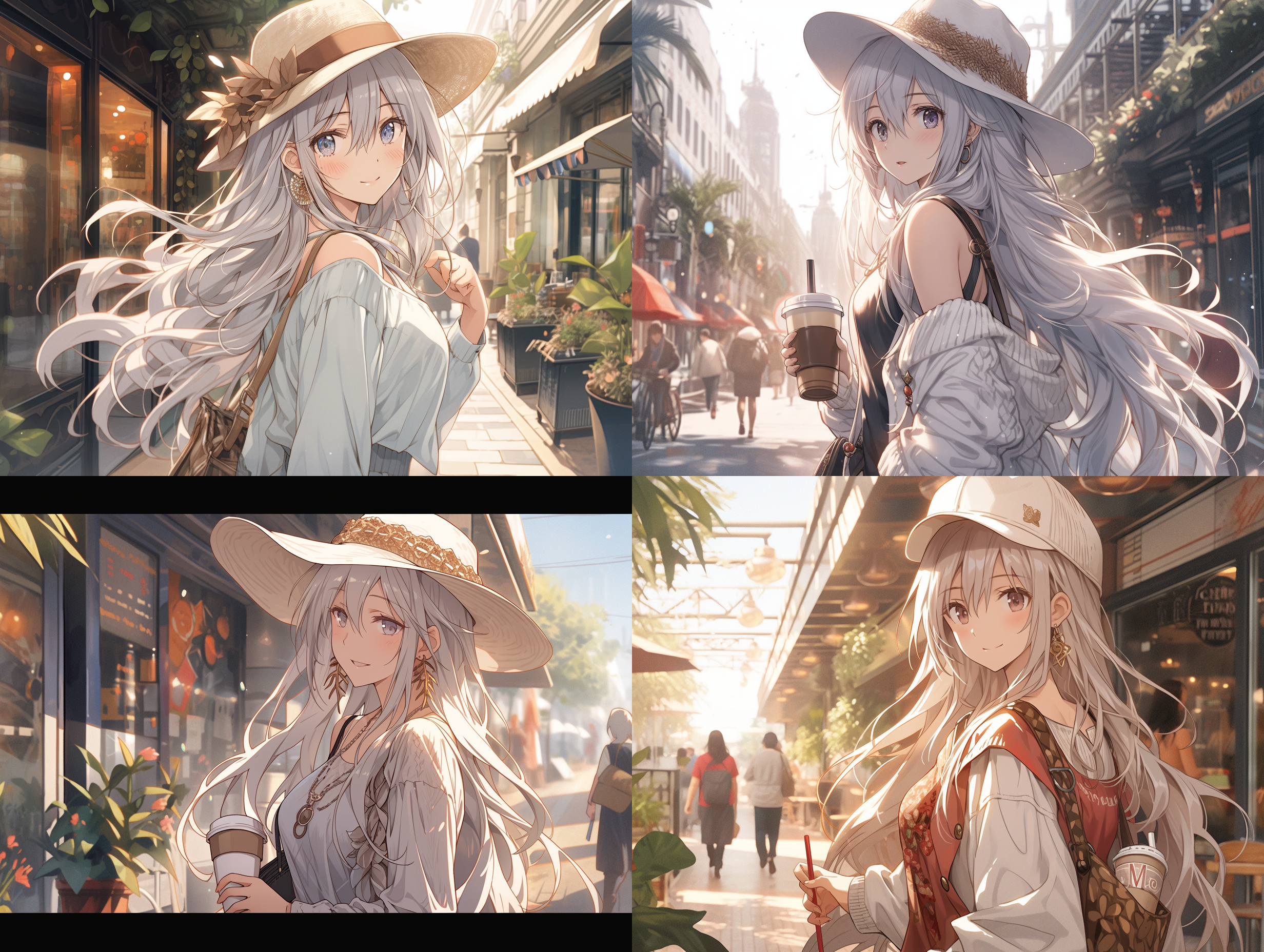 the artwork is in the style of an anime wallpaper，一位可爱的女人，白色长发，休闲帽子，项链，休闲服，正面，半身，走向咖啡厅