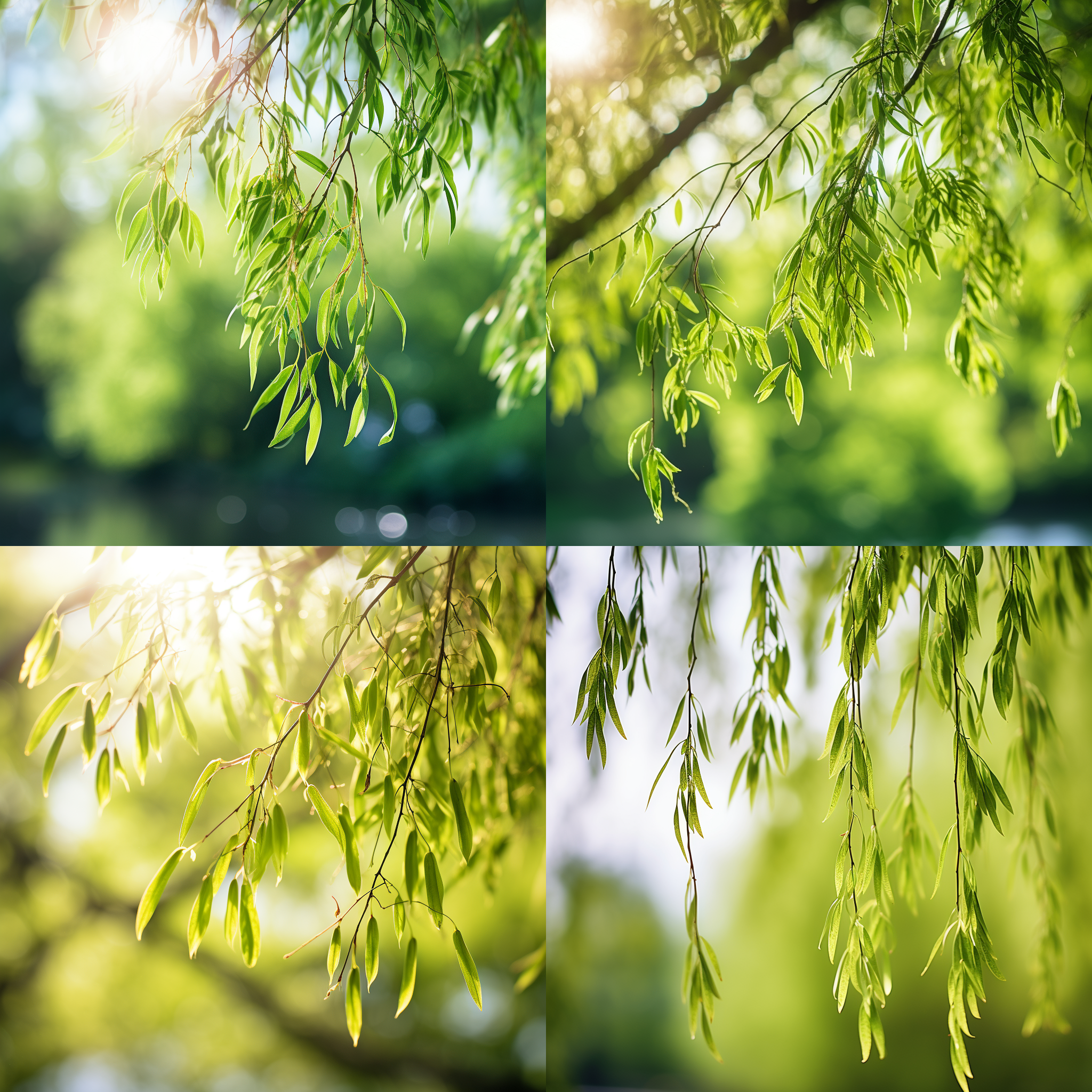 柳树发芽，清晨阳光下，细长的嫩绿新叶在枝条上展现，微风拂过，树梢轻轻摇曳。自然光线，近景，微距镜头，柔和色调，静态，生机。