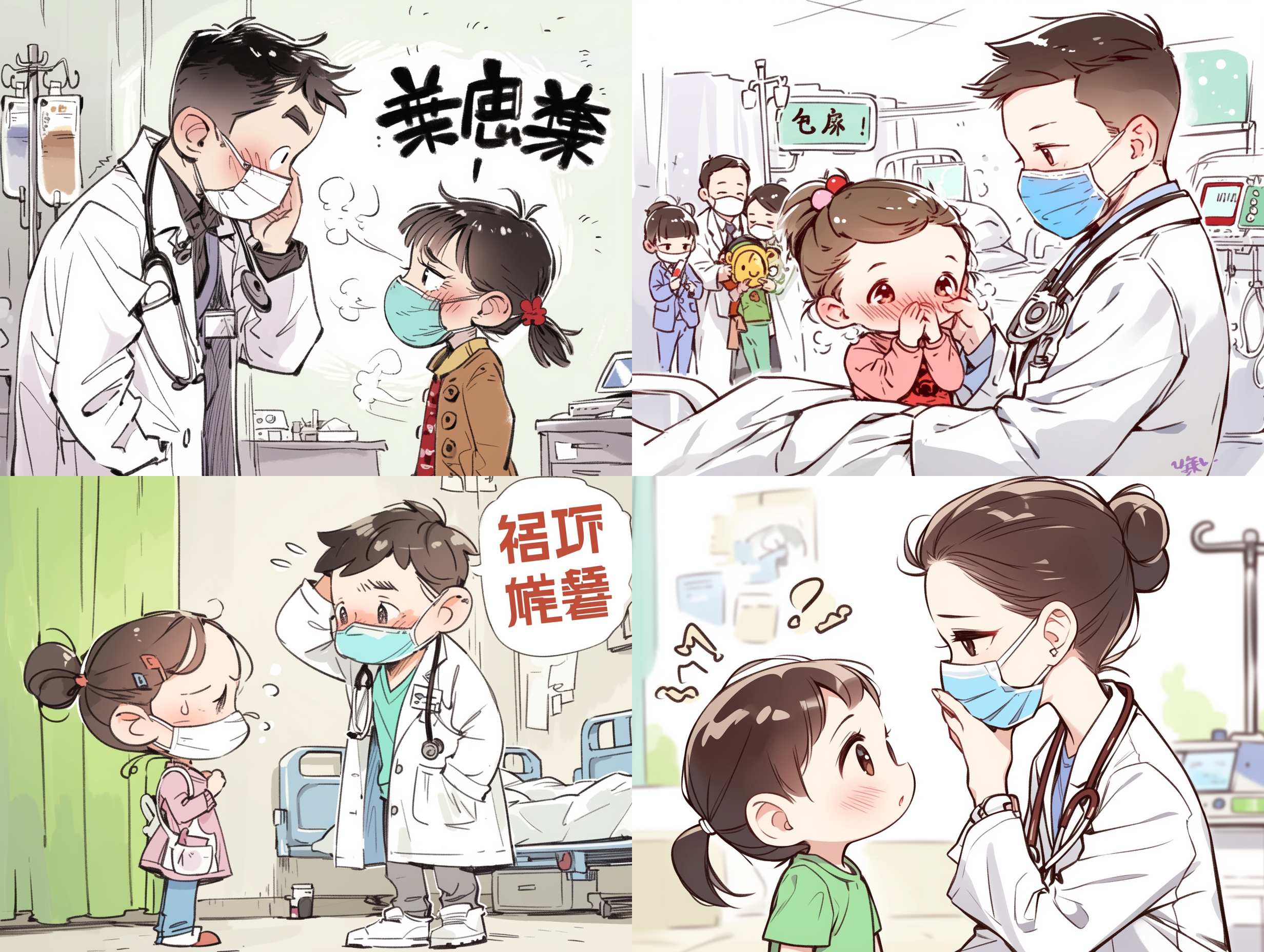 咳嗽孩子，医生听诊，医院病房，柔和光线，长焦镜头，温暖色调，关怀，担忧，专注，医疗护理，白大褂，口罩，患者关怀，亲切。