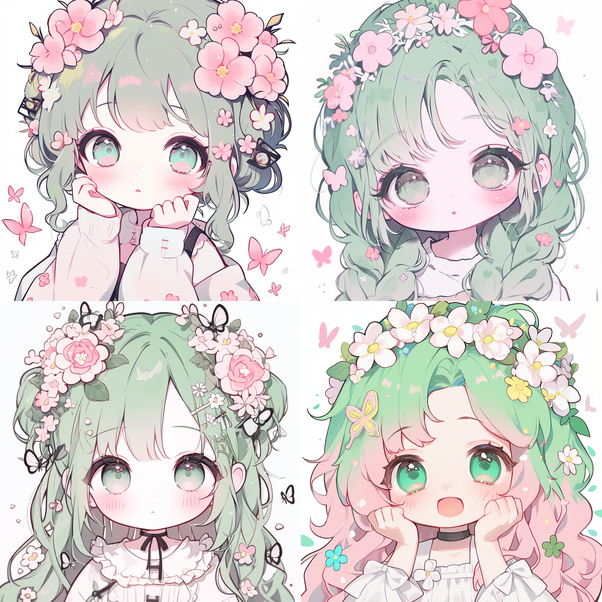 圆脸女孩，花饰头饰，浅绿/粉色发色，动漫风格，特写镜头，纯白背景，蝴蝶围绕，描边，手绘风，不遮挡脸部，温柔，甜美，清新，梦幻。