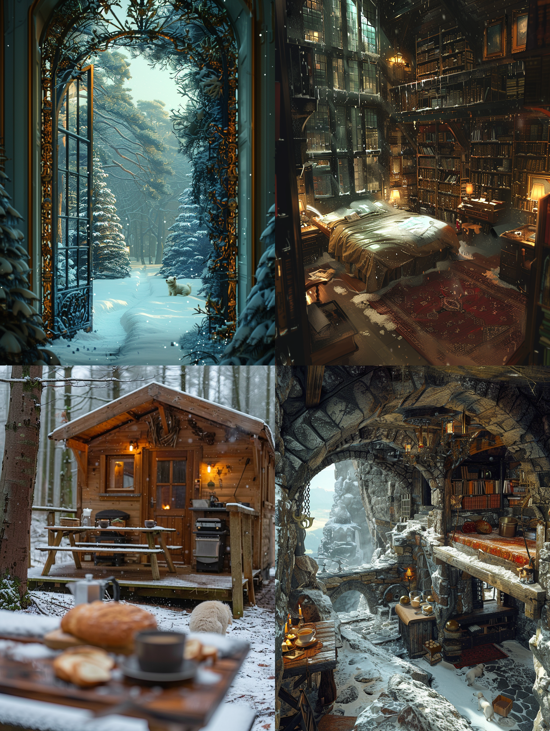 在森林深处，大雪纷飞的夜晚，你在森林迷了路，突然，眼神出现了一个闪烁着灯光的温馨小木屋，你逐渐走过去，打开小木屋的门，映入眼帘的是一间家具俱全的小房间，里面有松软的床，有桌子，桌子上有热气腾腾的咖啡，有摆放整齐的面包片，有热好的牛奶，旁边还有一个书桌，书桌上摆放了一些书，你突然觉得脚底下有东西在动，你低头一看，是一只毛茸茸的白色小狗。