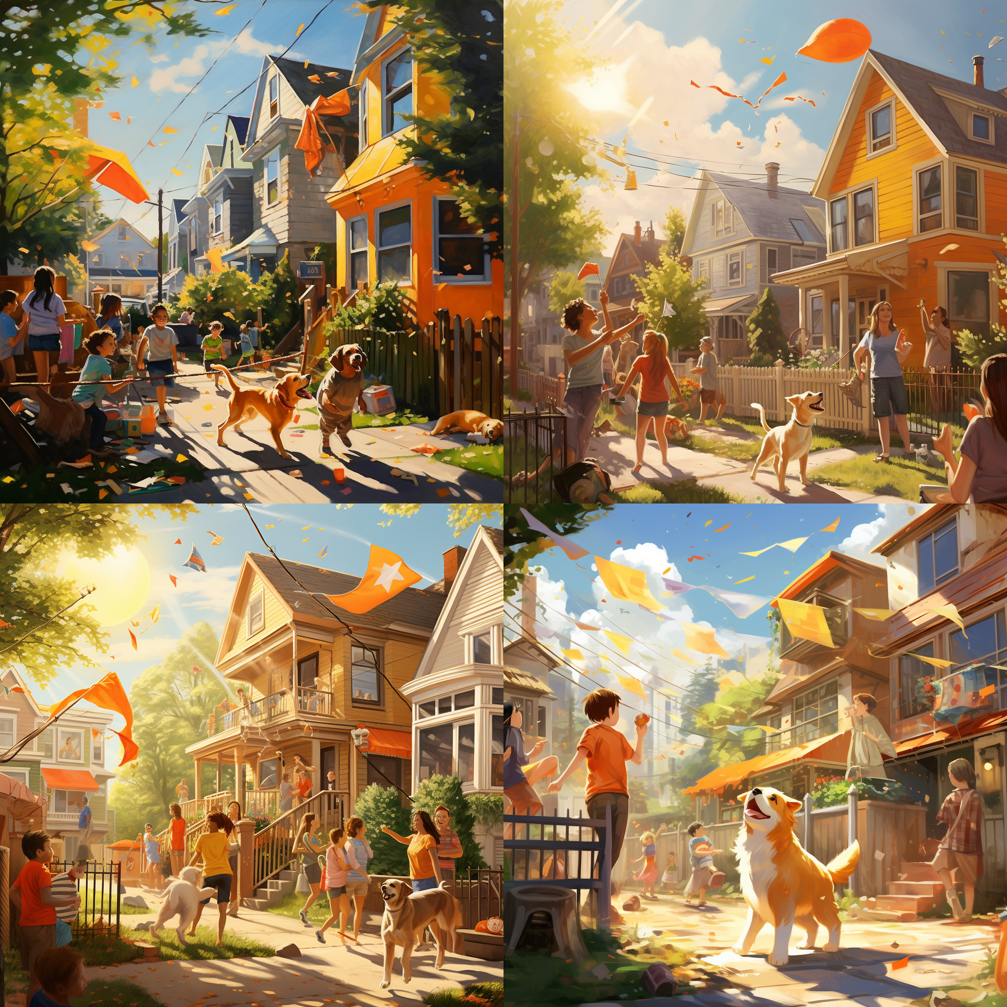 橙色旗帜房子，孩子打闹写作业，黄狗吠叫，热闹场景，室外环境，长焦镜头，明亮光线，动感，狂野，喧闹，活力，温馨。