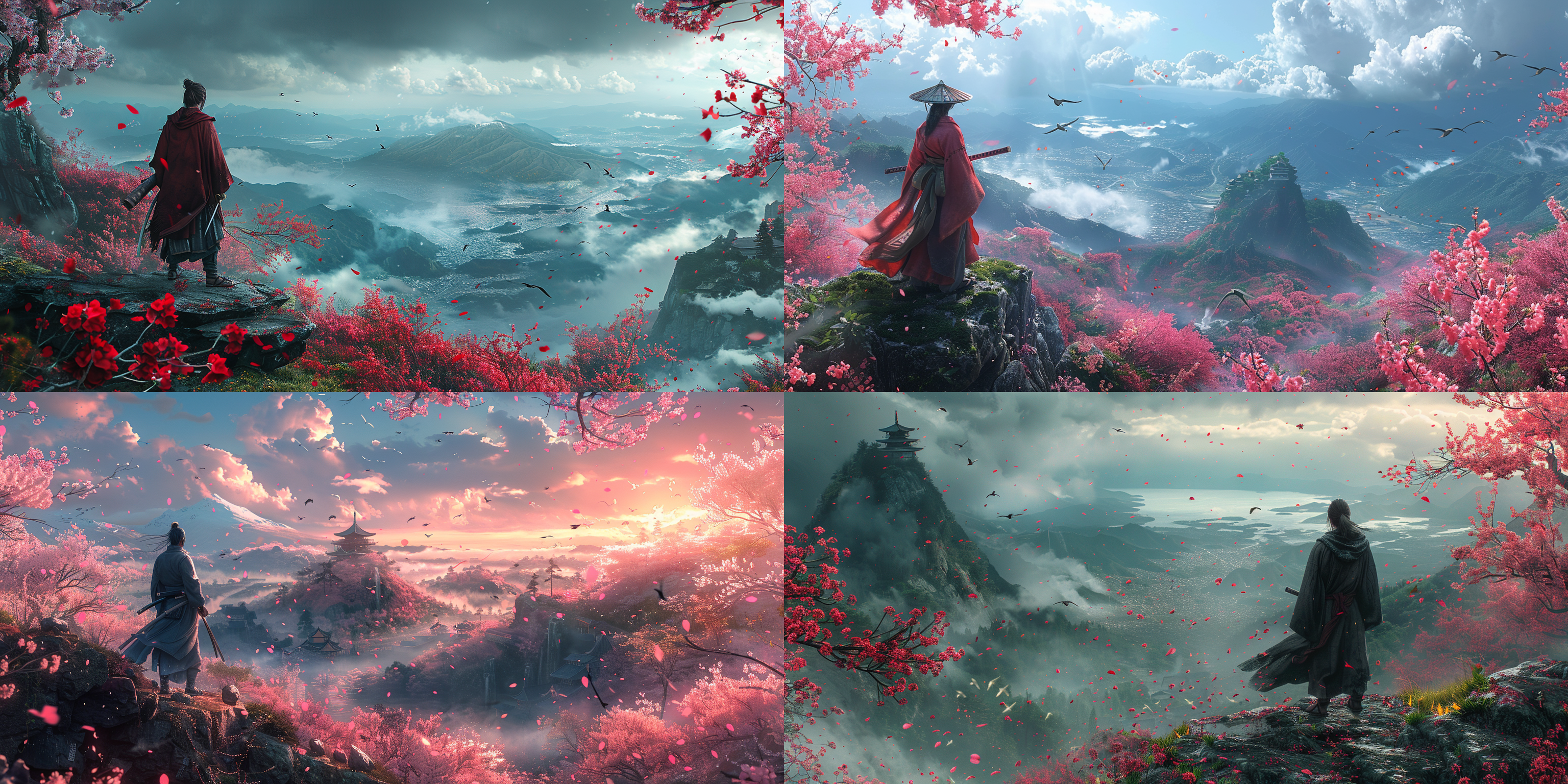 a lonely samurai, standing on a ledge of rock, under which the valley of cherry blossoms stretches, approaching (storm clouds with lighting:1.1), (a wedge of birds flying in the distance:1.1), wind, photo, natural 4k texture, (hyperrealism:1.1), cinematic light, smooth, (highly detailed:1.3)