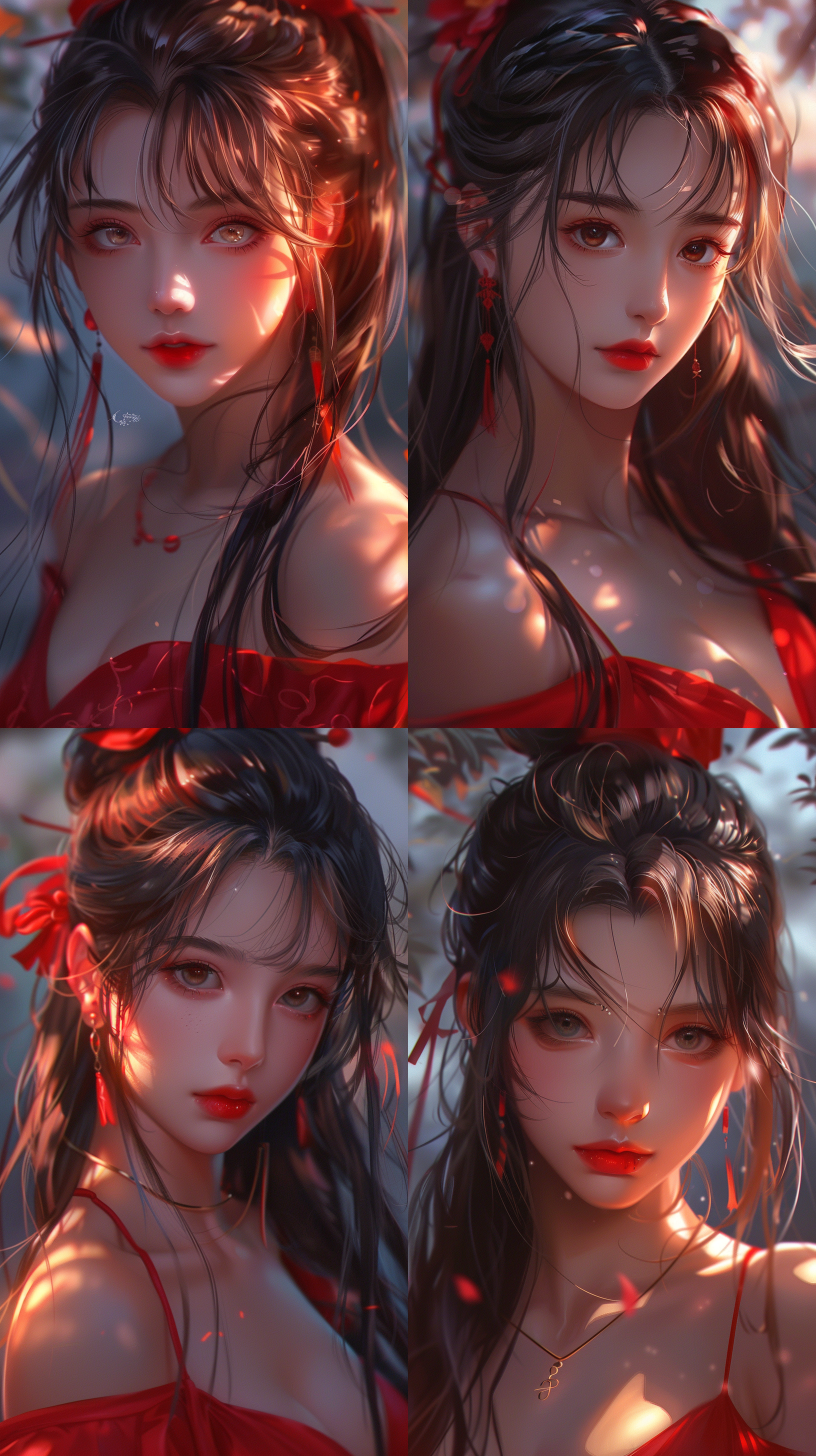 中国古典女性，头部特写，传统服饰，优雅神情，古典色调，肖像风格，细节丰富，矢量插画，扁平设计，肖像画风，华丽头饰，红色唇彩，柔和侧光。 风格派 月兔 中国结