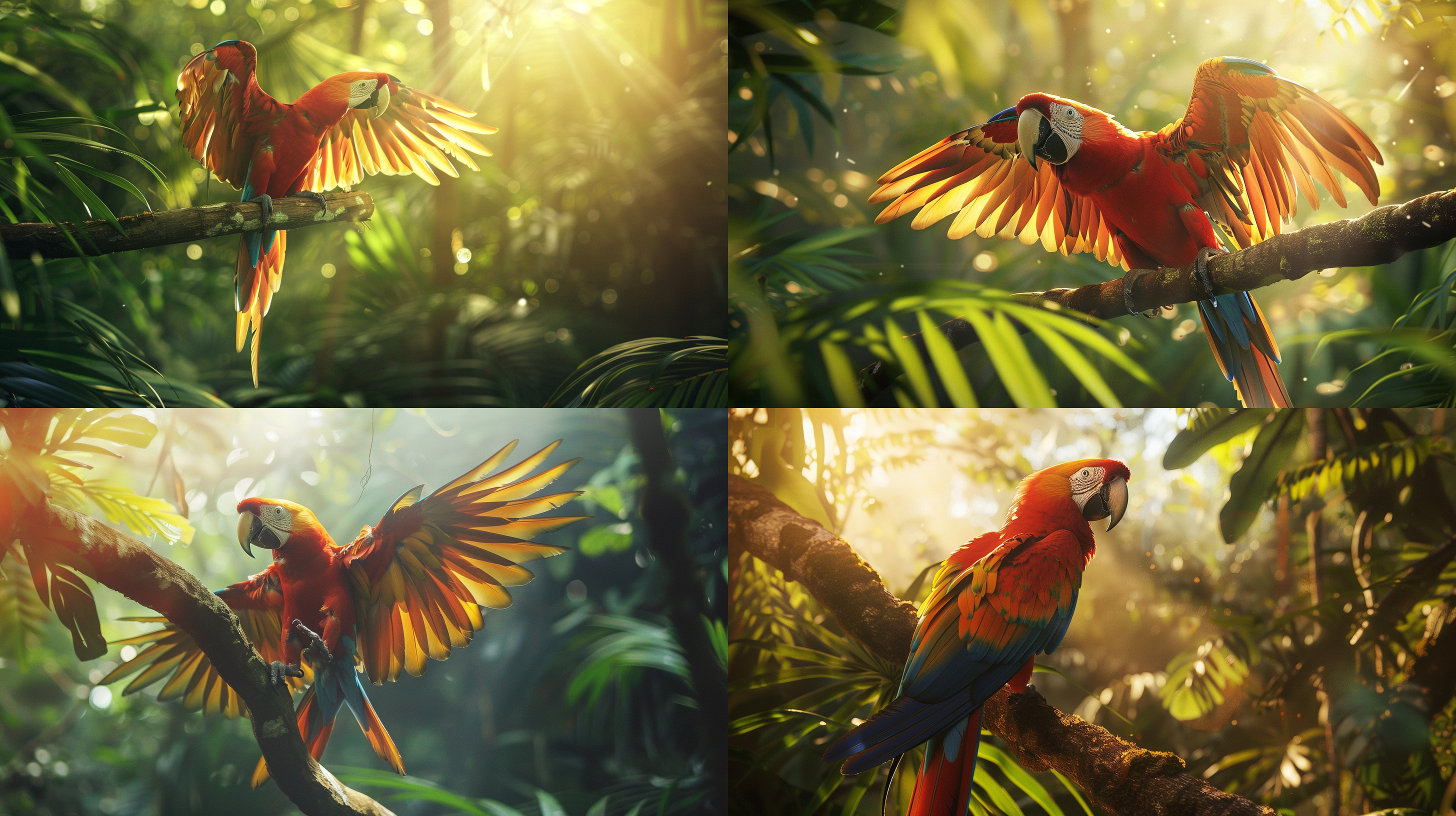 鹦鹉站树枝，热带雨林，绚丽羽毛，阳光透过，植被环绕，清新自然，色彩斑斓，长焦镜头，明亮色调，展翅飞翔，活力。