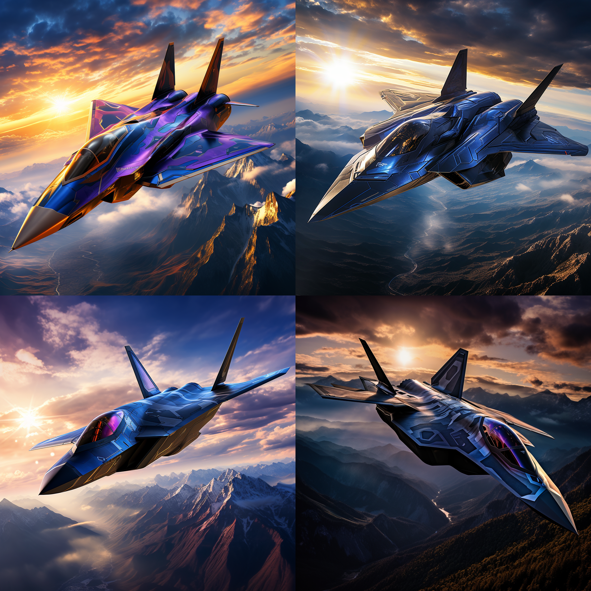 未来战斗机飞行，机身笔直，机翼展开，壮观云海与远山背景，金属光泽，科幻风格，动感十足，夕阳余晖，高对比度，长焦镜头，逆光，飞行动作，蓝色调，壮丽。
