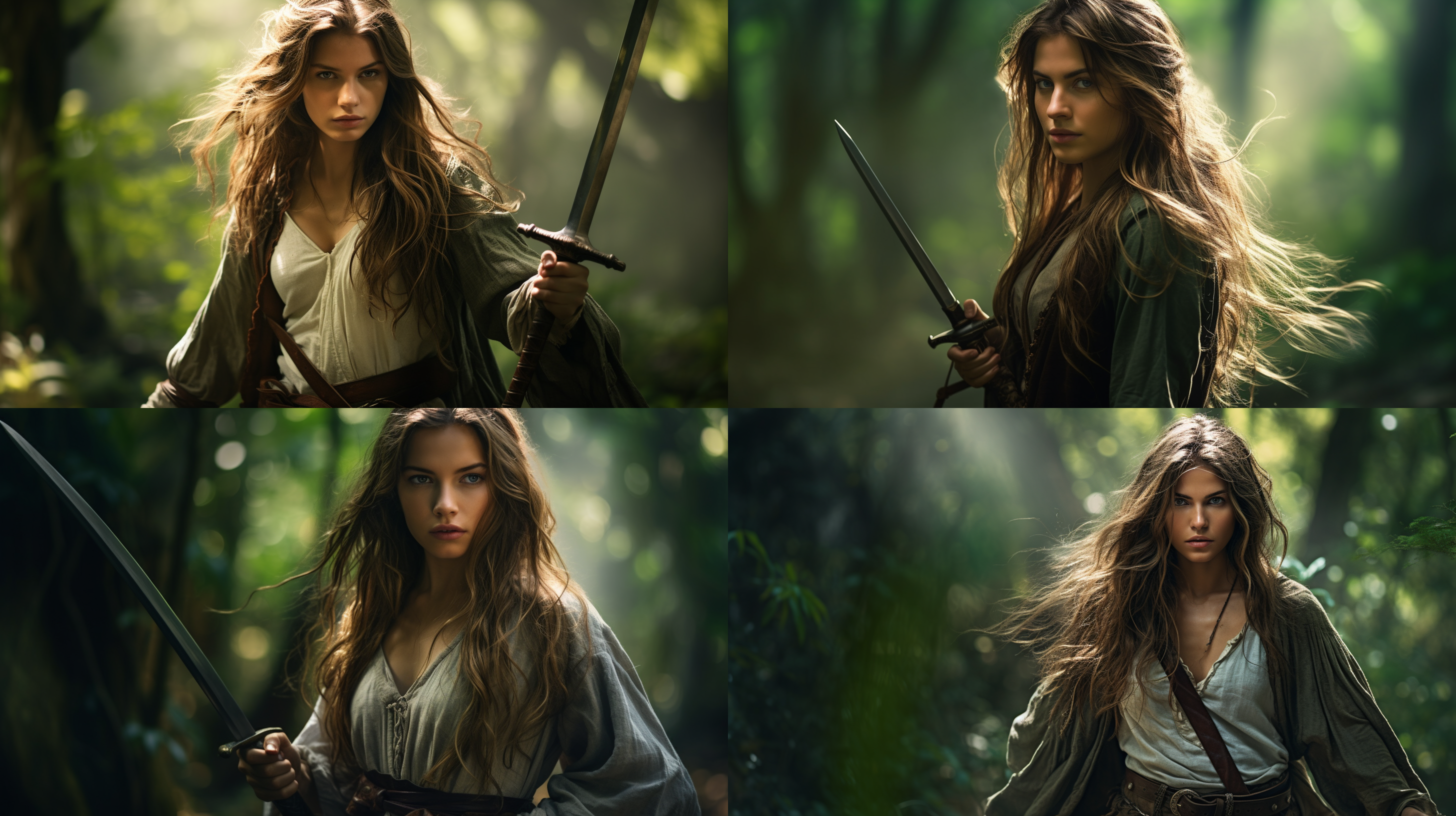 女性持剑，林中漫步，中景构图，柔和光线，侧逆光，长焦镜头，绿色环境，流动长发，坚定表情，冒险精神，宁静，神秘。