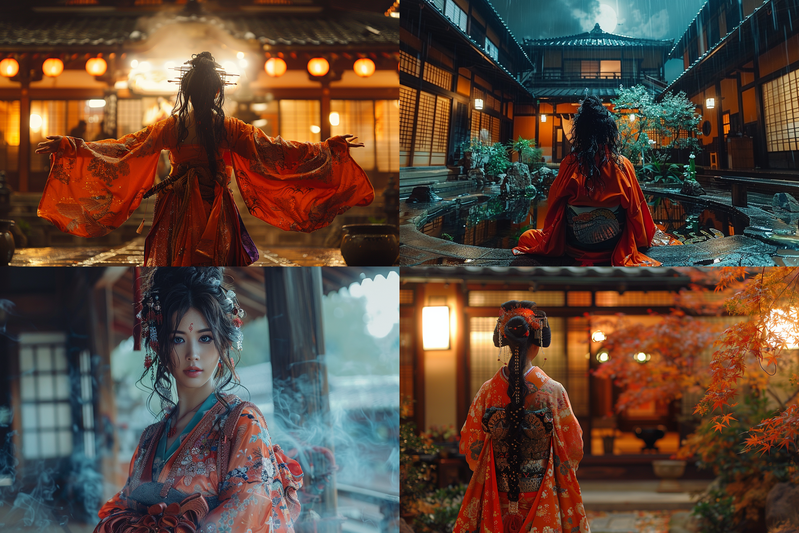 超现实小丑女，1800年代日本忍者装扮，斯嘉丽·约翰逊与查理兹·塞隆合体，和风庭院，月夜，神秘氛围，长焦镜头，低角度拍摄，动态捕捉，冷暖对比色，眼神锐利，动作敏捷，隐秘感。