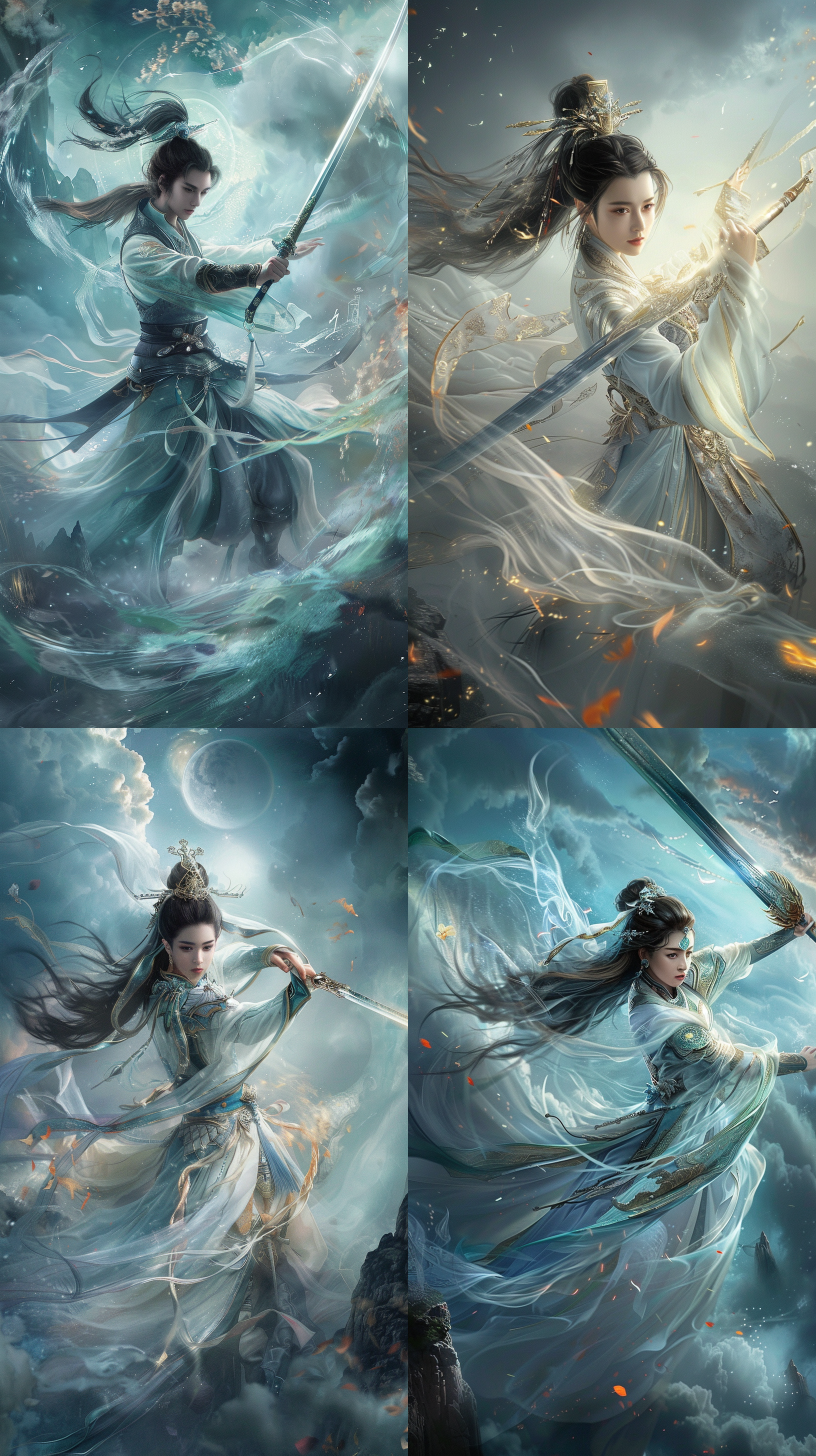 a chinese person wearing ancient costumes, flying with a sword in the world of metaphysics, playing the protagonist in the universe, possessing a beautiful appearance. she is a female war god, casting a magic array, ultra clear, and surreal,