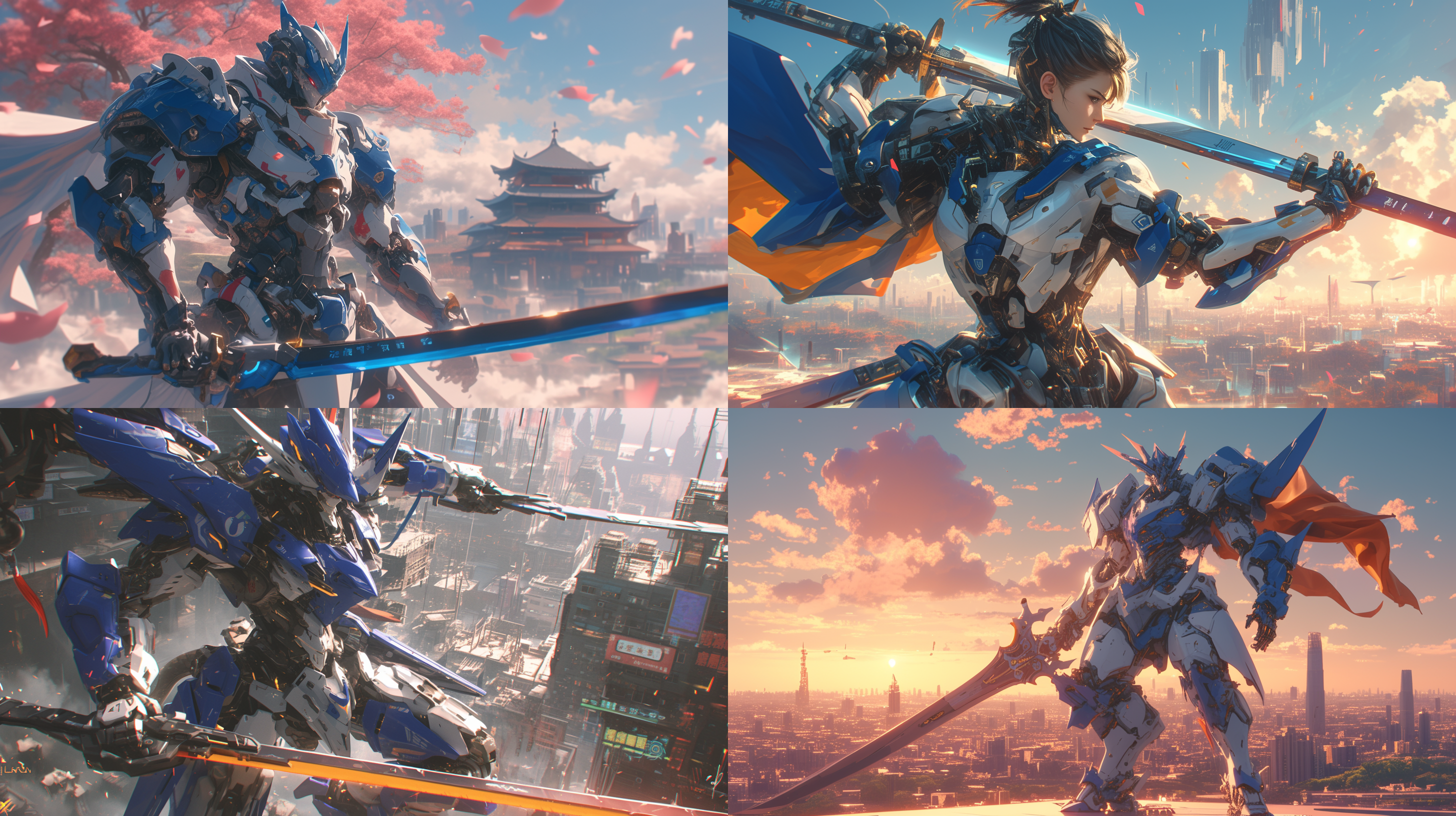 夕阳下中国风机甲，全身蓝白，手握巨剑半跪，巨剑插地，战损痕迹，胸部头部细节，机械感漫画风，半身逆光，金属质感动态模糊，橙红天空对比强烈，低角度，未来城市背景，高光细节，冷暖色调对比，光影交错，力量感战斗姿态，低角度，4k。 低角度 丁达尔效应 oc渲染器