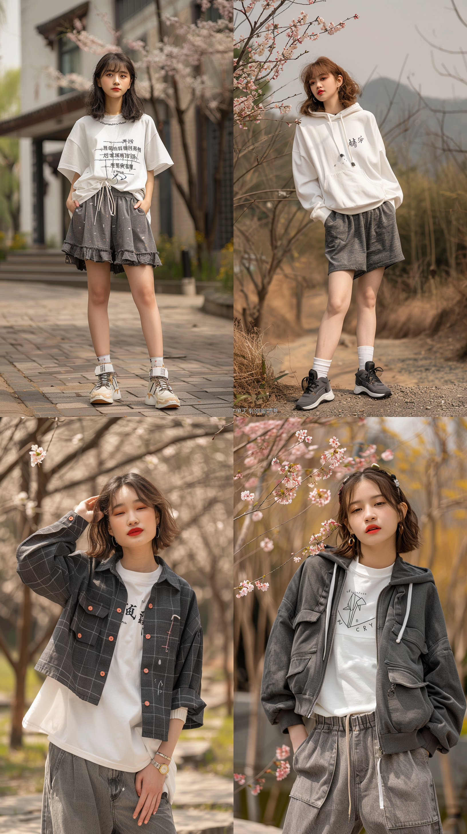 18岁女孩，高清拍摄，写实风格，全身照，室外拍摄，摄影棚，短裤，光线充足，樱花，正面光，清新，50mm定焦镜头