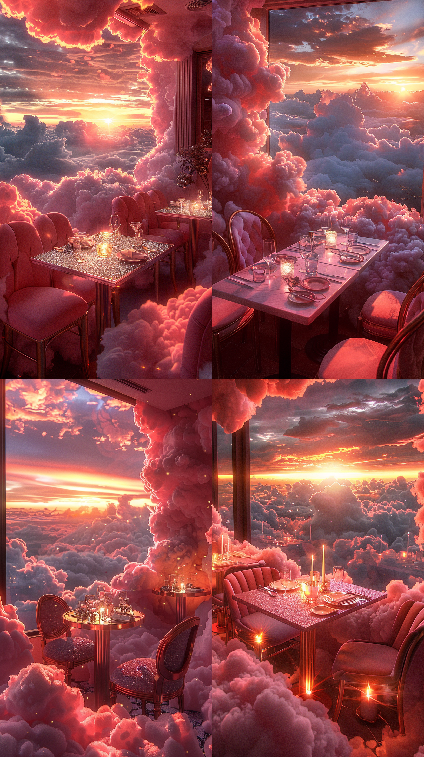 餐厅在蓬松云朵之上，粉色树脂餐桌，闪闪发光椅子和盘子，高角度俯视，生疏风格，750像素风格化，粉色主调，广角镜头，天空灯光，静态场景，梦幻情感。