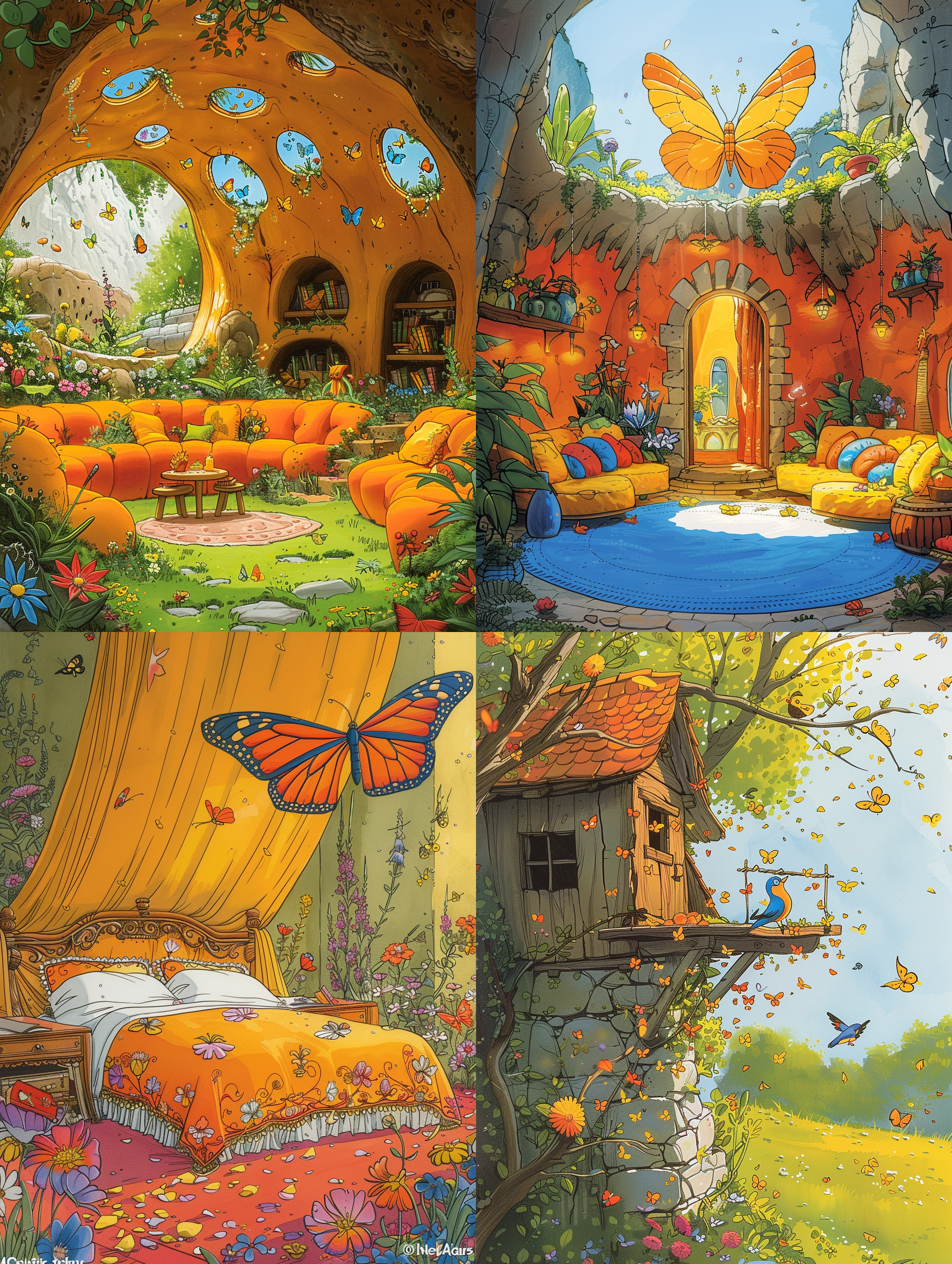 根据描述画一个巢穴的内部：巢穴内部充满了温馨和舒适的氛围。宽敞的空间被巧妙地利用，摆放着精致的花朵和柔软的羽毛，墙壁上挂着五彩斑斓的蝴蝶翅膀装饰。家具选用了柔软材质，如丝绸和花瓣，温馨与轻盈感。最高画质，最佳杰作，最高画质，高分辨率，复杂的细节，非常详细，超逼真，颜色丰富 动画艺术 柔光