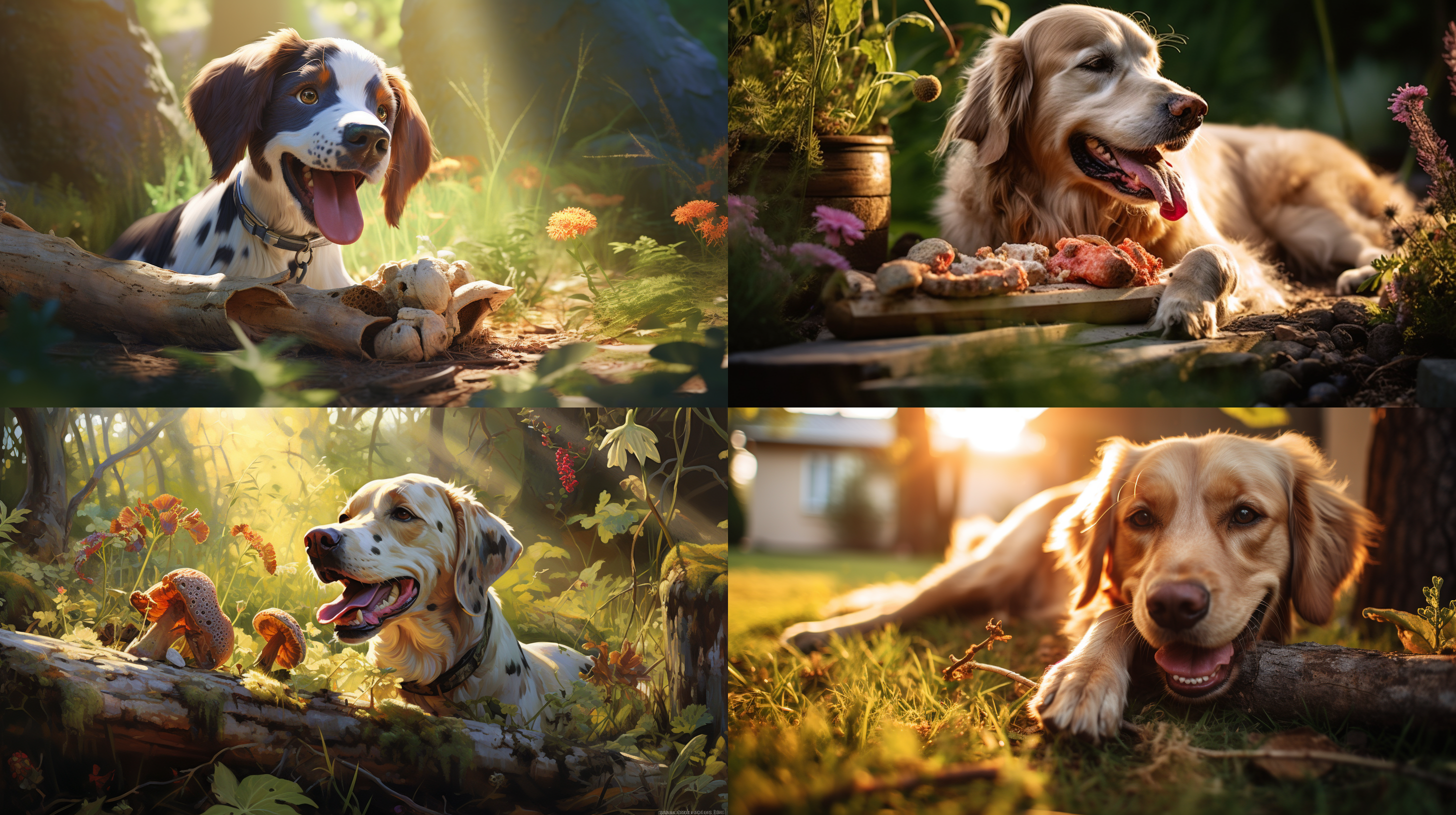 一只狗在花园里啃骨头，特写构图，自然环境，微距镜头，阳光照射，细节丰富，色彩鲜艳，欢快。