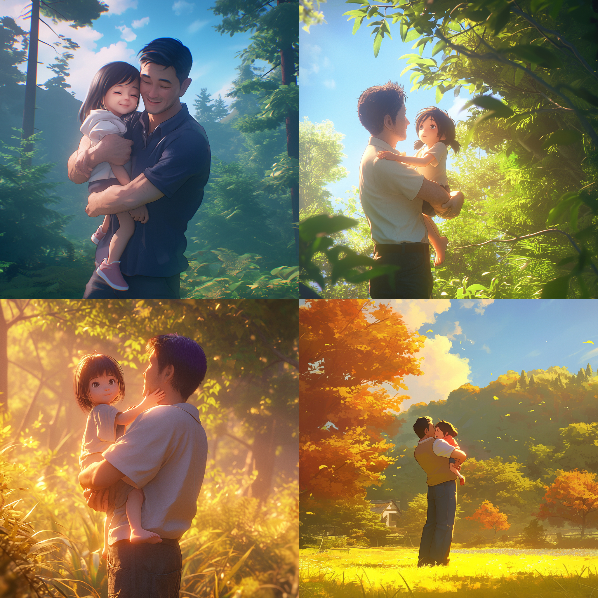 父亲抱着6岁女儿，森林背景，宫崎骏风格，c4d，oc渲染器，全身镜头，水彩，动漫模式，高质量，多细节，高清, 温馨, 快乐, 和谐, 绿色, 亲情