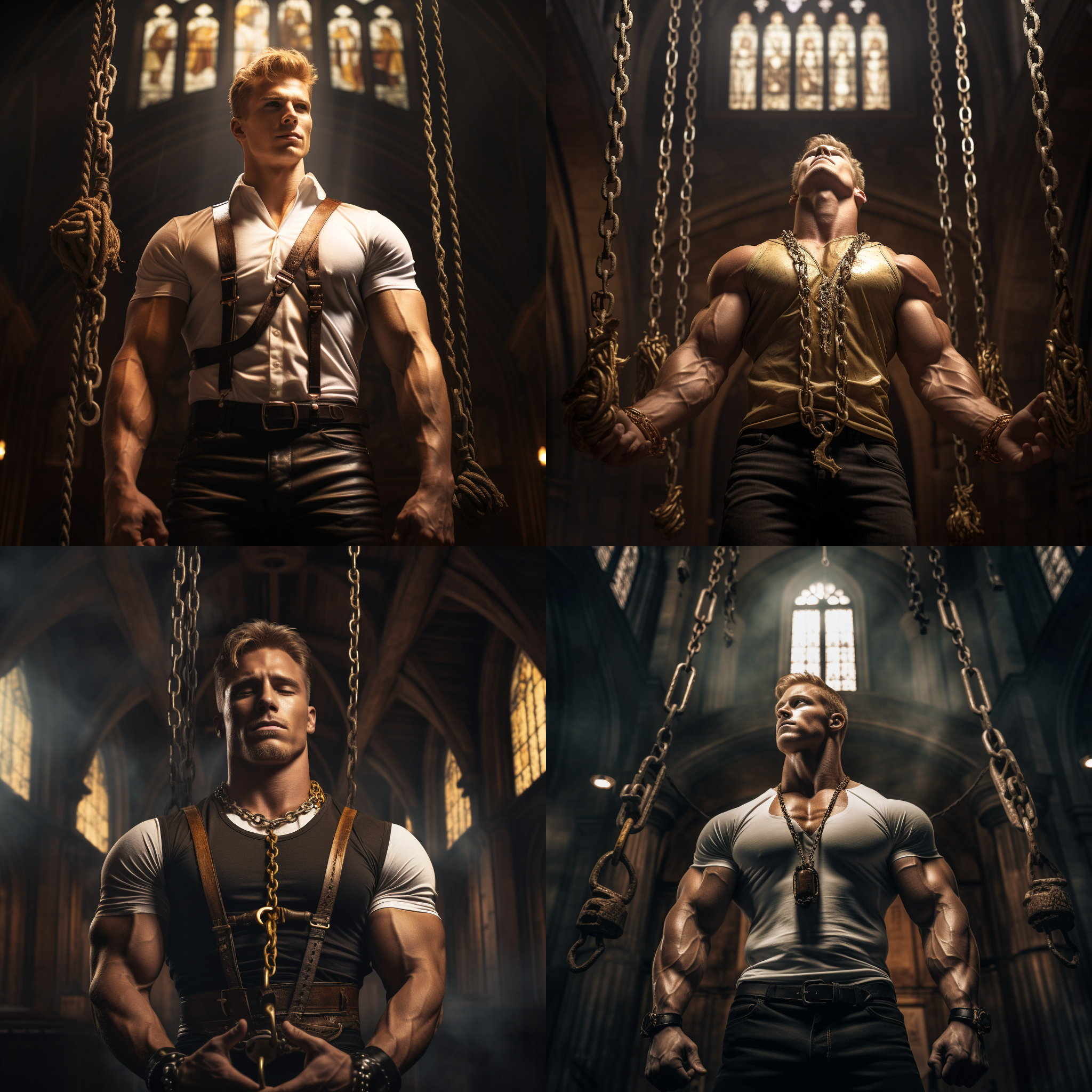 金色短发发肌肉男双手被吊在教堂上，胸肌雄壮，全身照