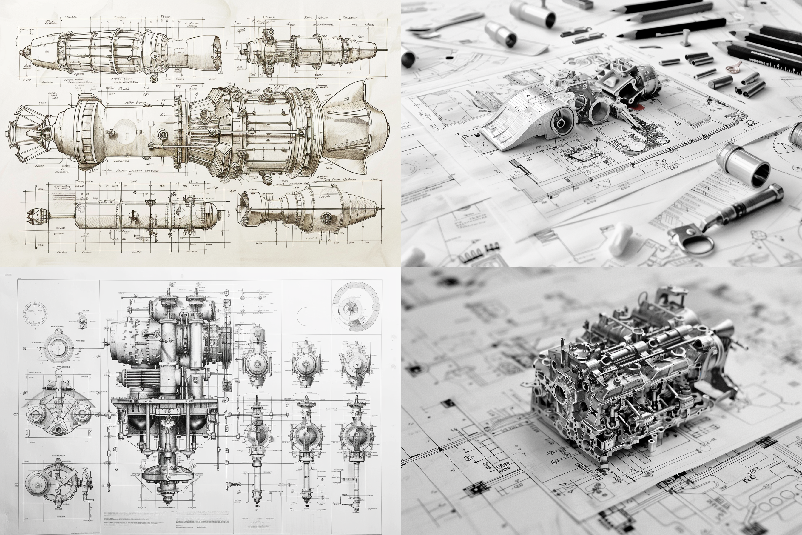 手绘 设计图 结构图，发动机 分解示意图