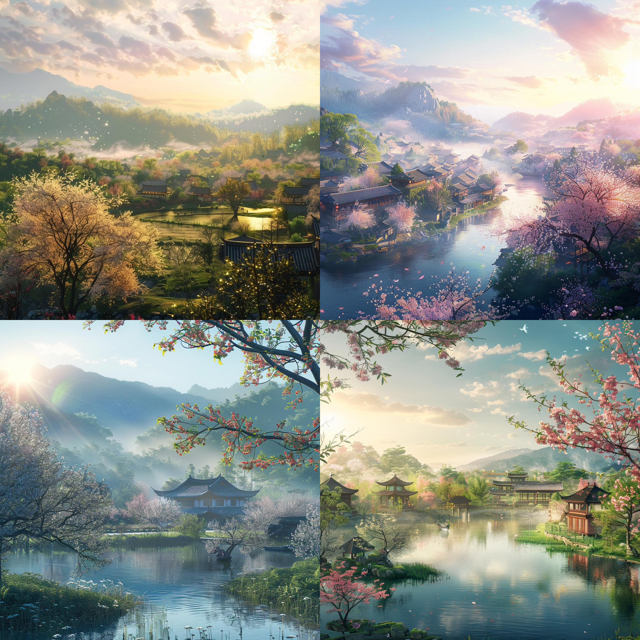 清明节山水风光，阳光明媚，色彩清新，高清质量，4k，自然光，静态风景，清爽氛围。