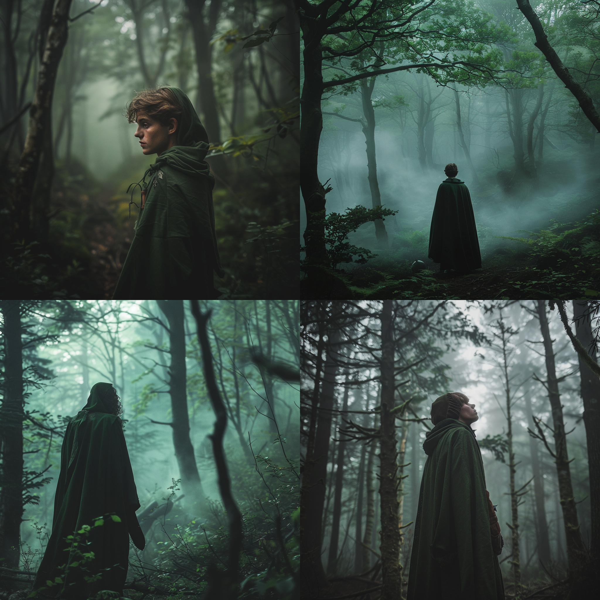 幽影森林，神秘魔法，浓雾笼罩，年轻勇士凯文，绿色长袍，英勇表情，森林环境，低角度，魔幻风格，暗调，神秘生物，超广角镜头，柔和侧光，自然交流，感知力，心跳，风低语，冒险情感。